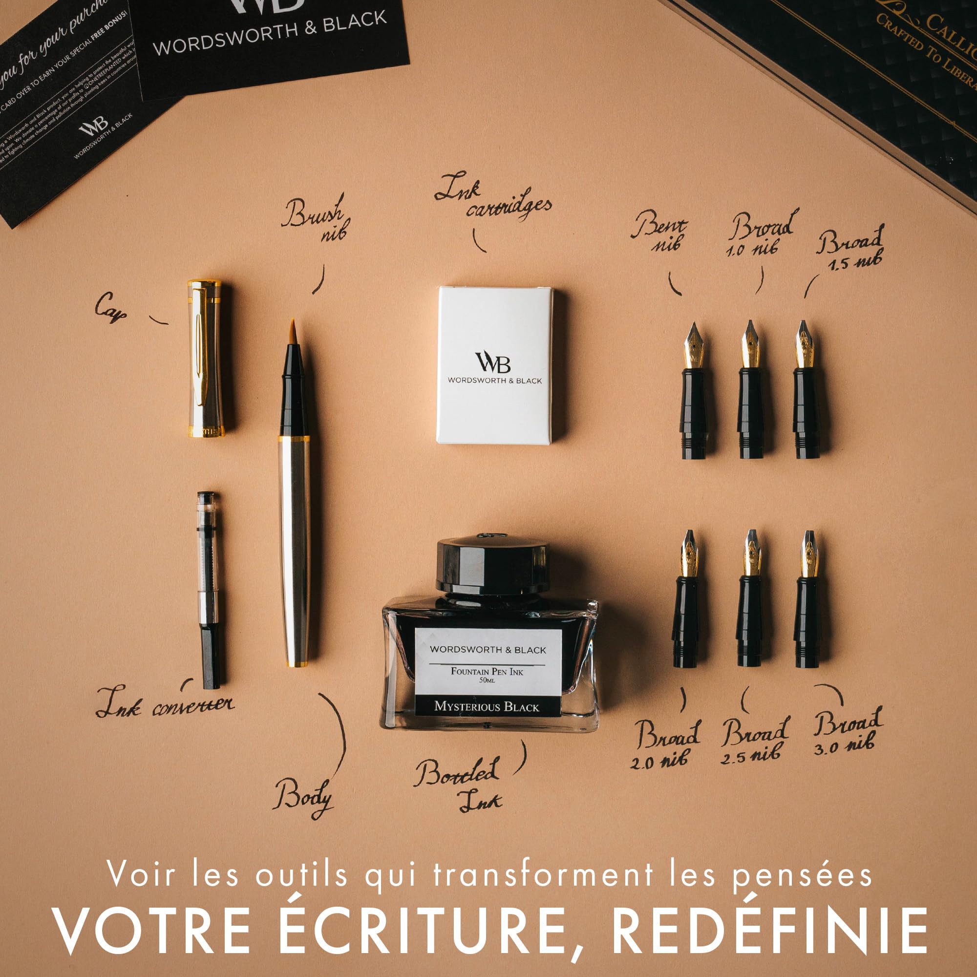 Wordsworth & Black Ensemble de Cadeau Stylo Calligraphie, Bouteille encre, 6 Cartouches, Convertisseur de Recharge, 6 Pointes de Rechange, Paquet Premium [Argent Or]