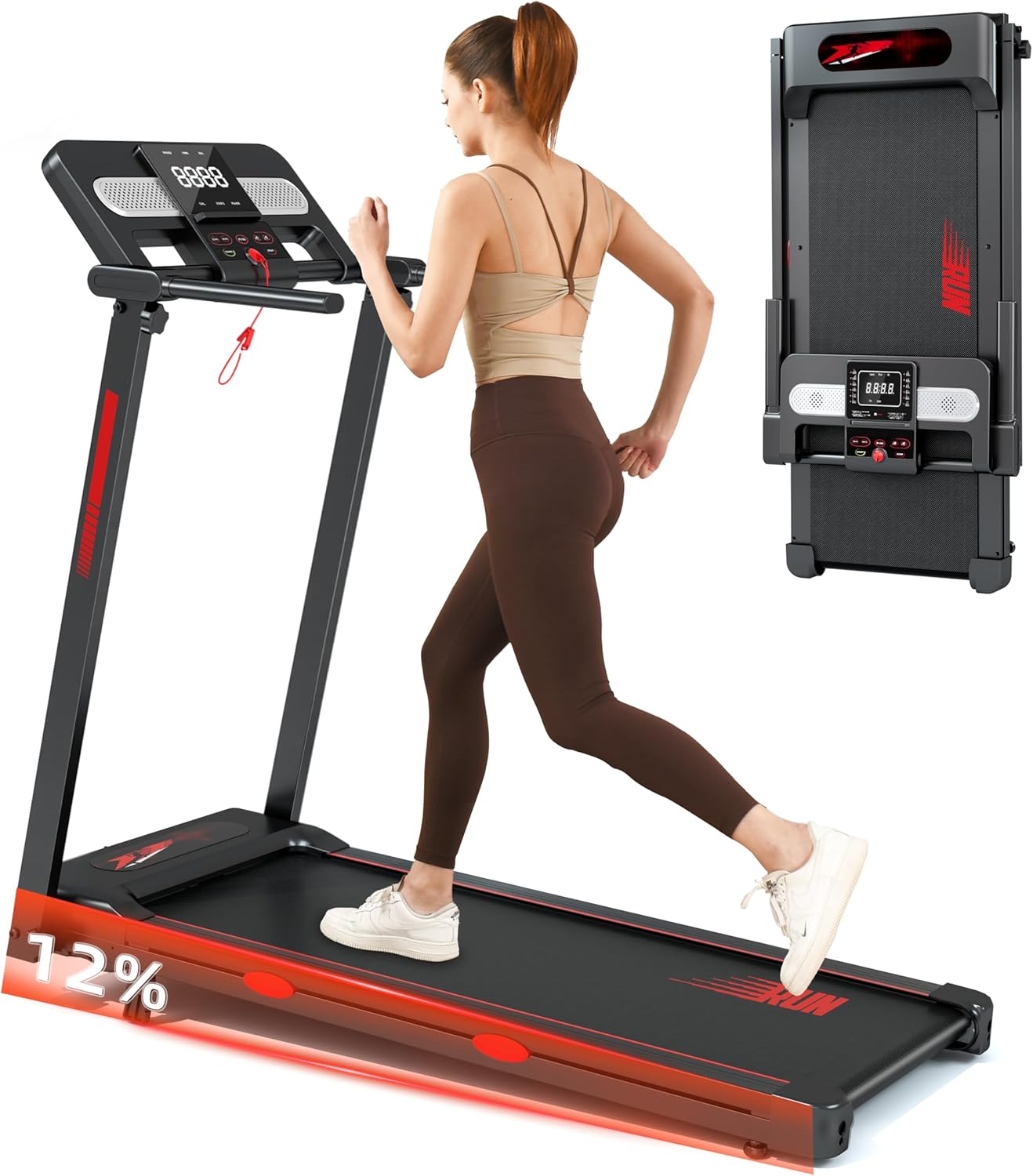 Cinta de Correr, 4 en 1, Motor de 3 HP, 1-14 km/h, con Pantalla LED, Soporte para iPad/teléfono, Altavoz Bluetooth, Cinta de Correr Plegable.