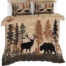 Wildlife Duvet Cover King, Rustic Forest Bedding Set with Zipper, Woodland Deer Bear Duvet Cover with 2 Pillowcases, Reversible 3 Pieces Bedding & Bedroom Decor, Easy Care