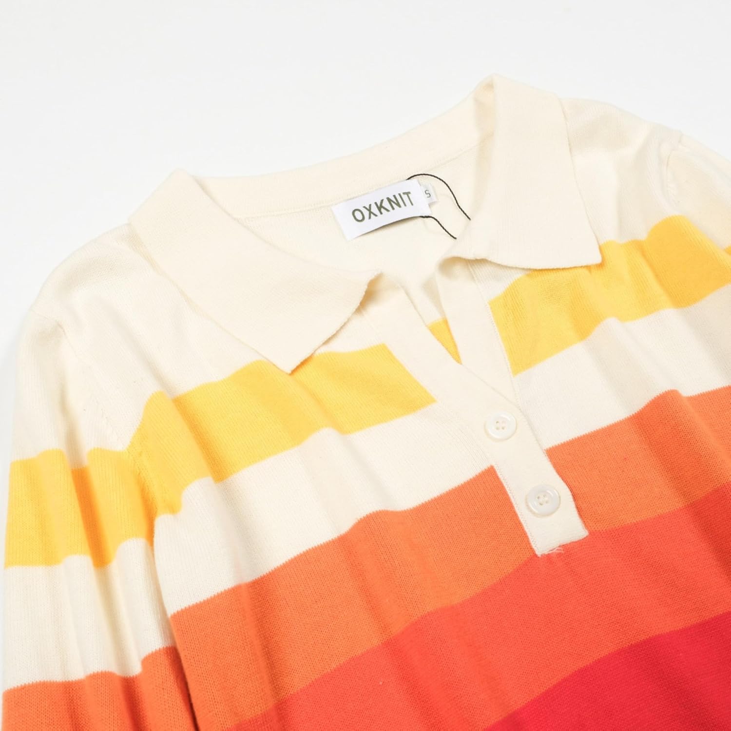OXKNIT Women's Knit Long Sleeves Polo Shirt, 1960s Retro Stripes V-Neck Pullover Sweaters Tops with Quarter Button