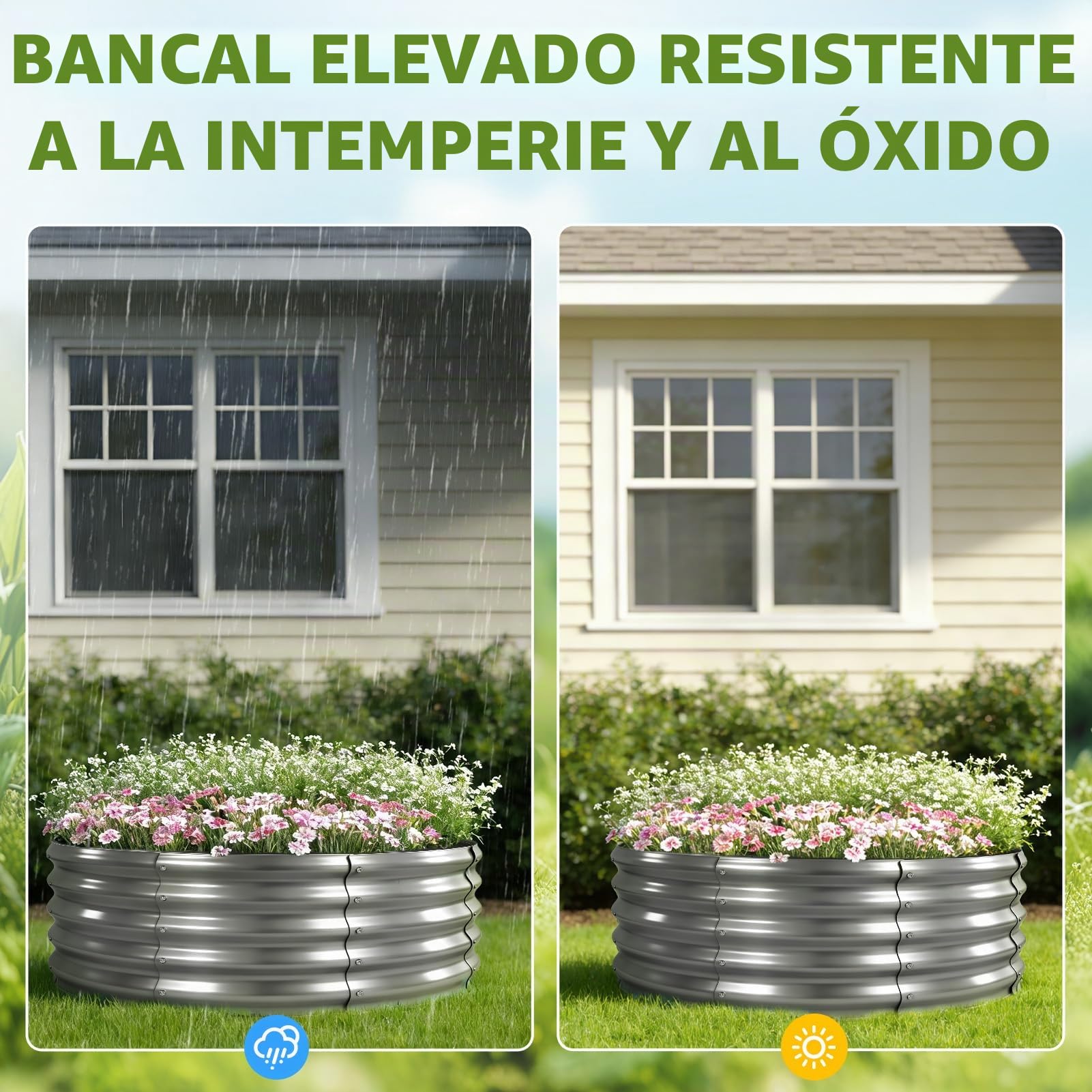 Bancal de jardín de Metal 90 x 90 x 43 cm, bancales elevados de Acero galvanizado para el jardín, bancal de huerto, bancal Elevado para Verduras, Hierbas, Flores, Plateado, Redondo