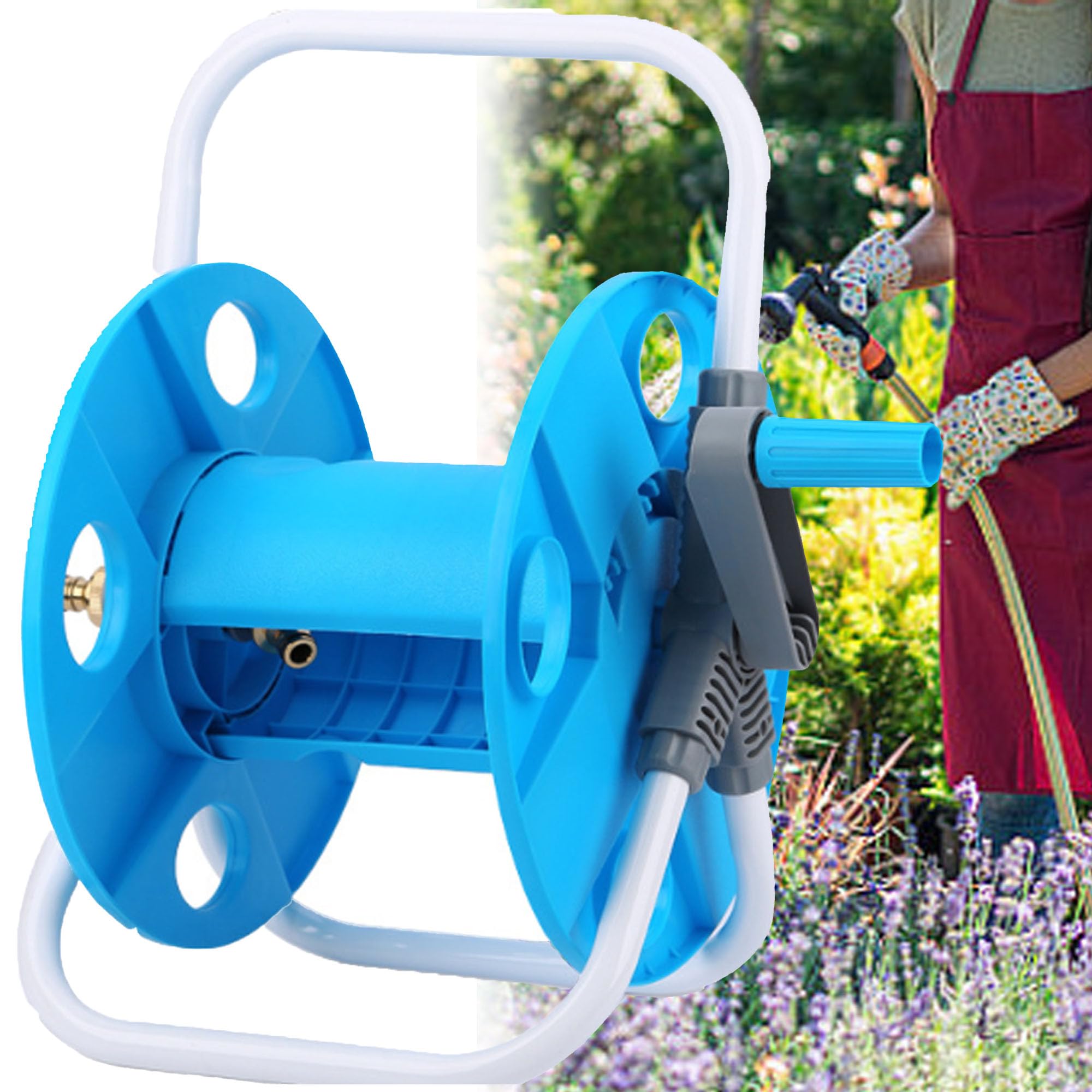 Bobina de Manguera 1/2" 45m, Carrete Portamanguera de Agua, Diseño Compacto, Manivela Manual Recogida Rápida, Previene que la Manguera se Doble, Fácil de Transportar y Almacenar
