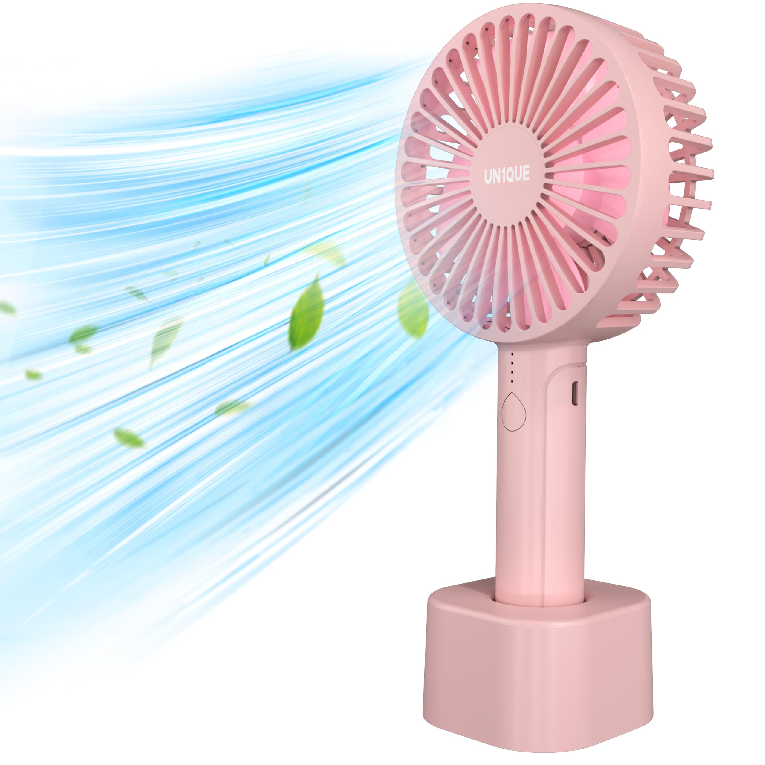 UN1QUE Mini Portable Hand Fan - Powerful Brushless Motor Small Fan, 3-Speeds, USB Rechargeable Fan with Base for Travel, Office, Kitchen for Women and Men (Pink, X3 Pro)