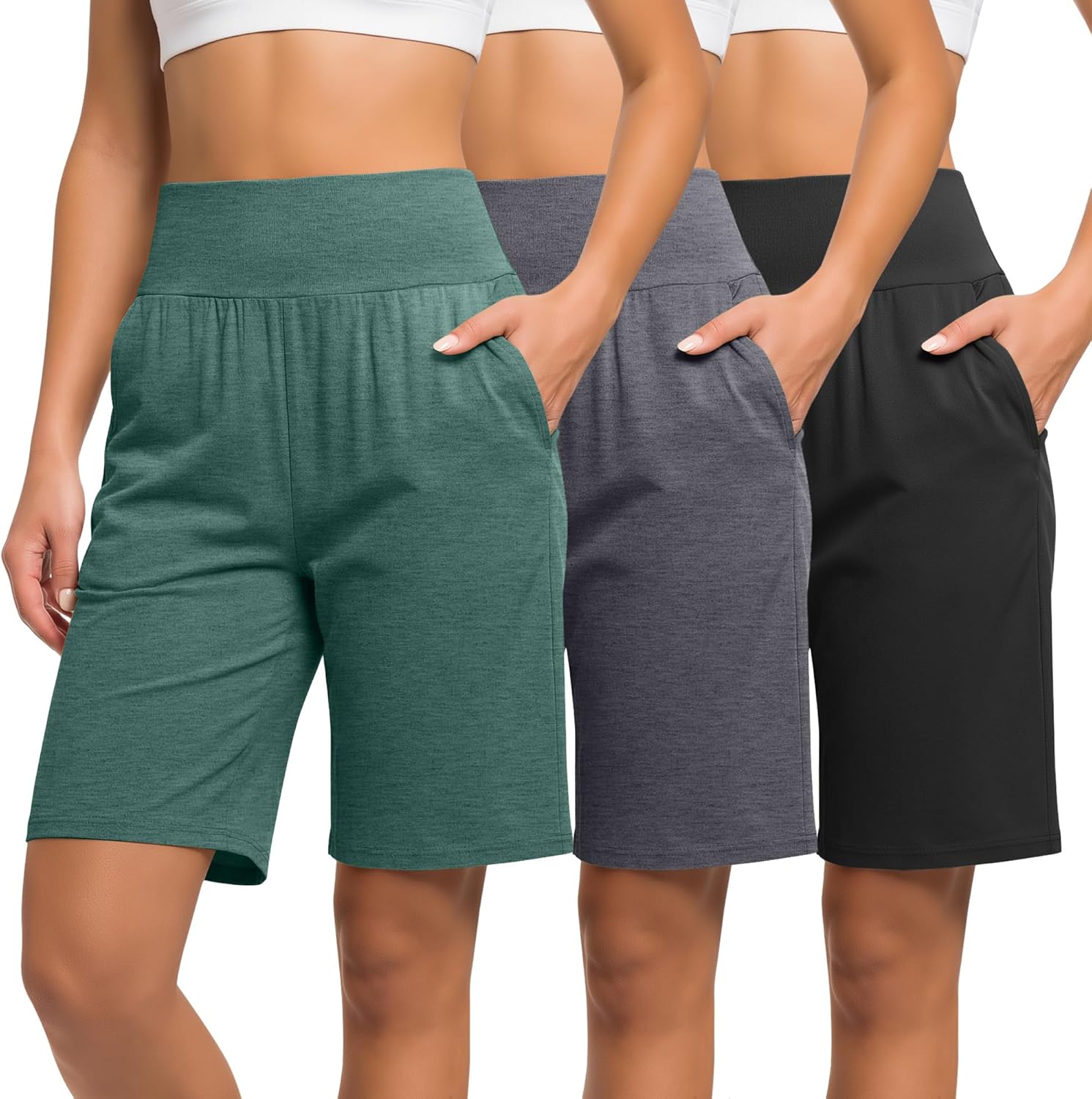 Neer 3 Pack Women's Bermuda Shorts, High Waist Basic Stretch Casual Bottoms Knee Length Summer Athletic Short with Pockets