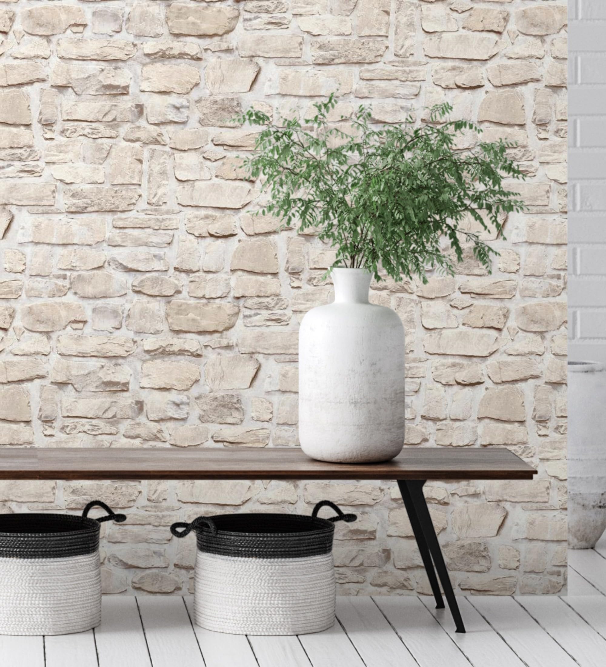 GAULAN 683255 - Papel pintado vinílico imitación muro de piedra rústica tonos beige con textura en relieve para pared salón cocina dormitorio pasillo - Rollo de 10 m x 0,53 m