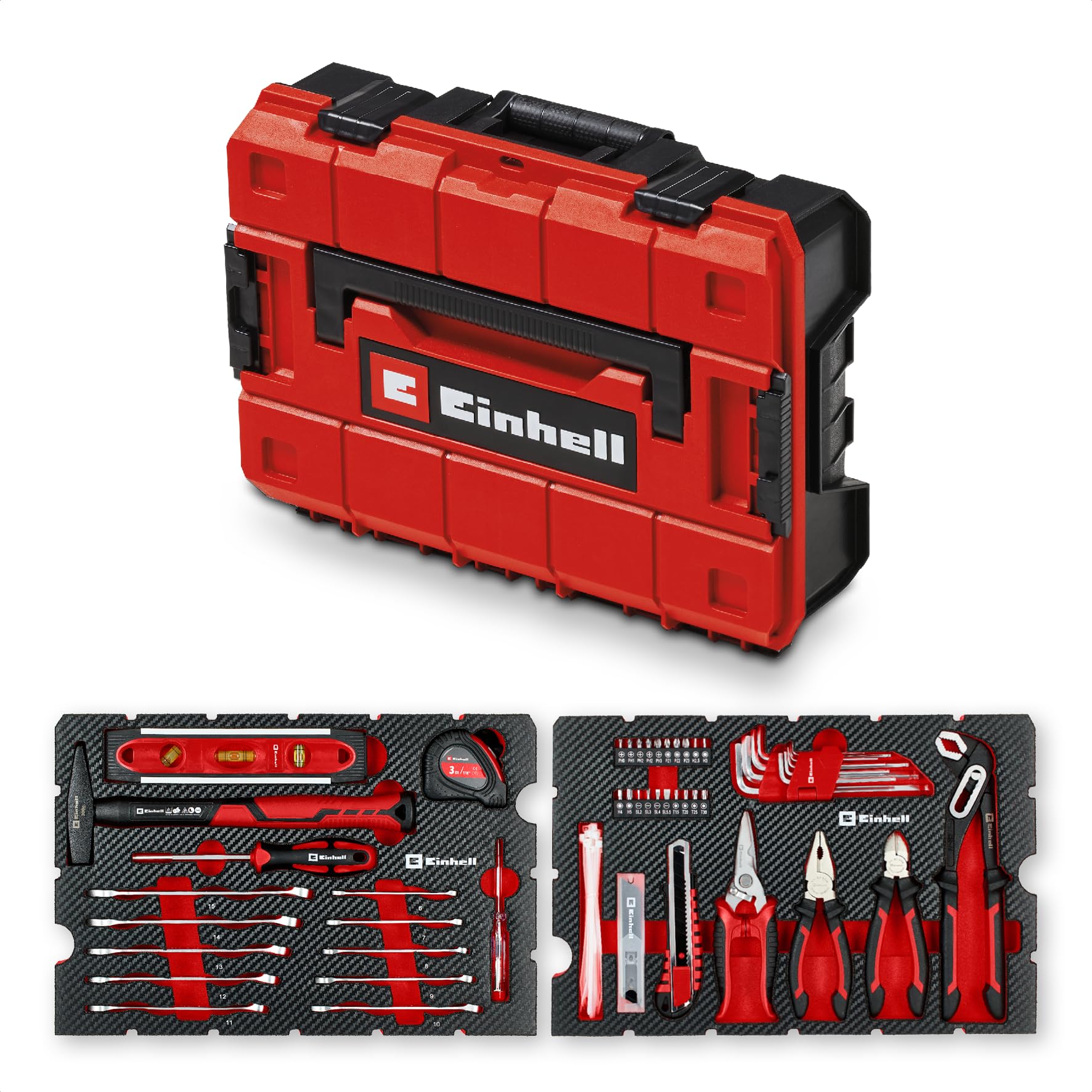 Original Einhell E-Case coffret à outils 79 pièces déménagement (marteau de mécanicien, pinces, accessoires d’embouts, cutter à lame sécable, mètre ruban, niveau à bulle, clés mixtes, coffret système)