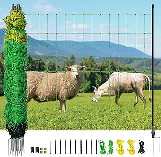 Electric Fence Netting, 164'L x 42.5" H Electric Fence Kit for Livestock, Goat, 14 Posts Double Spiked Portable Electric Poultry Farm Fence