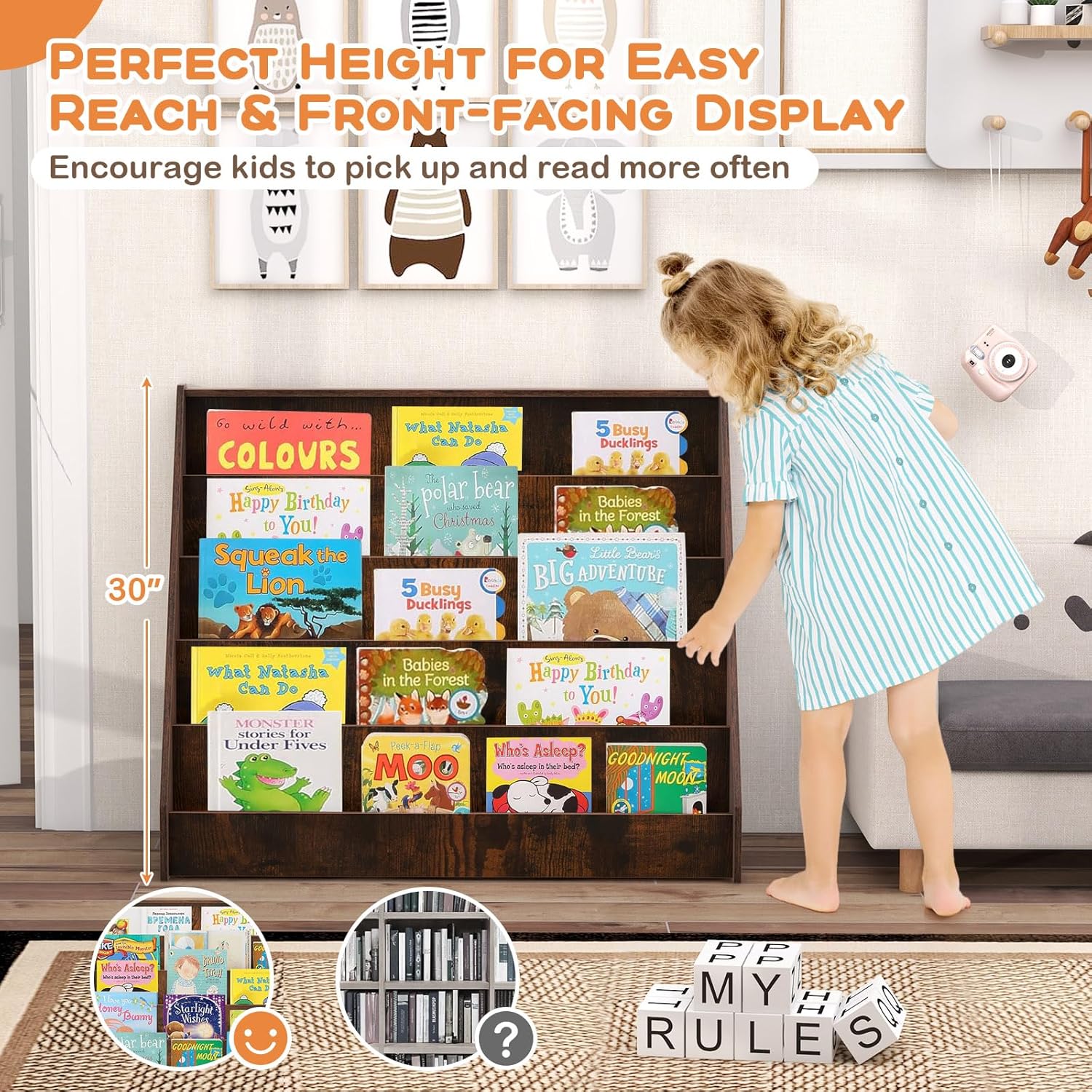 Costzon 5-Tier Kids Bookshelf, Wooden Children Bookcase, Toddler Book Rack, Magazine Storage & Display Shelf, Book Shelf for Kids Room, Living Room, Nursery, Classroom (Brown)