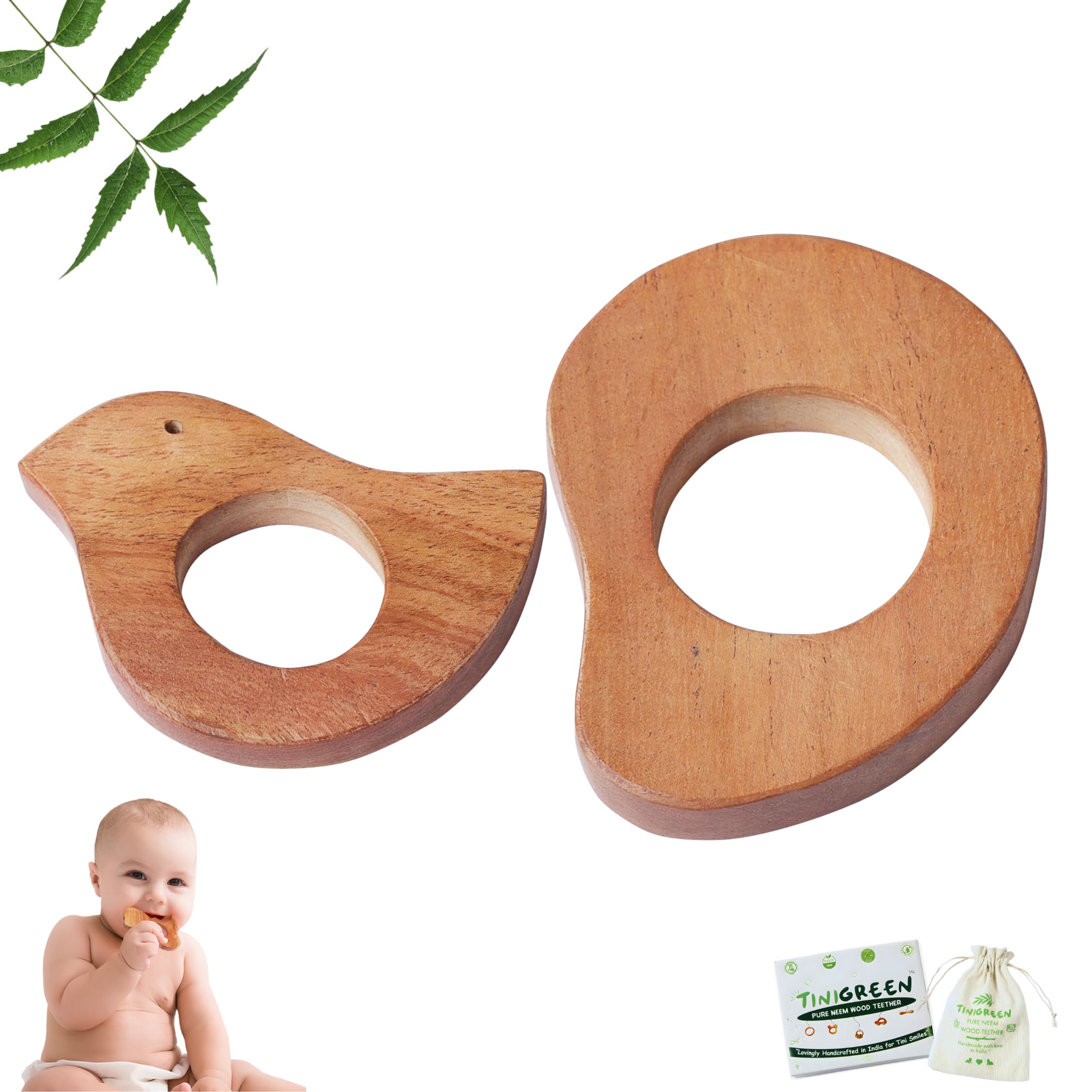 Neem Wooden Baby Teether Dove & Mango Shape Handmade Neem Wood Teether for Babies (Pack of 2)-image-22