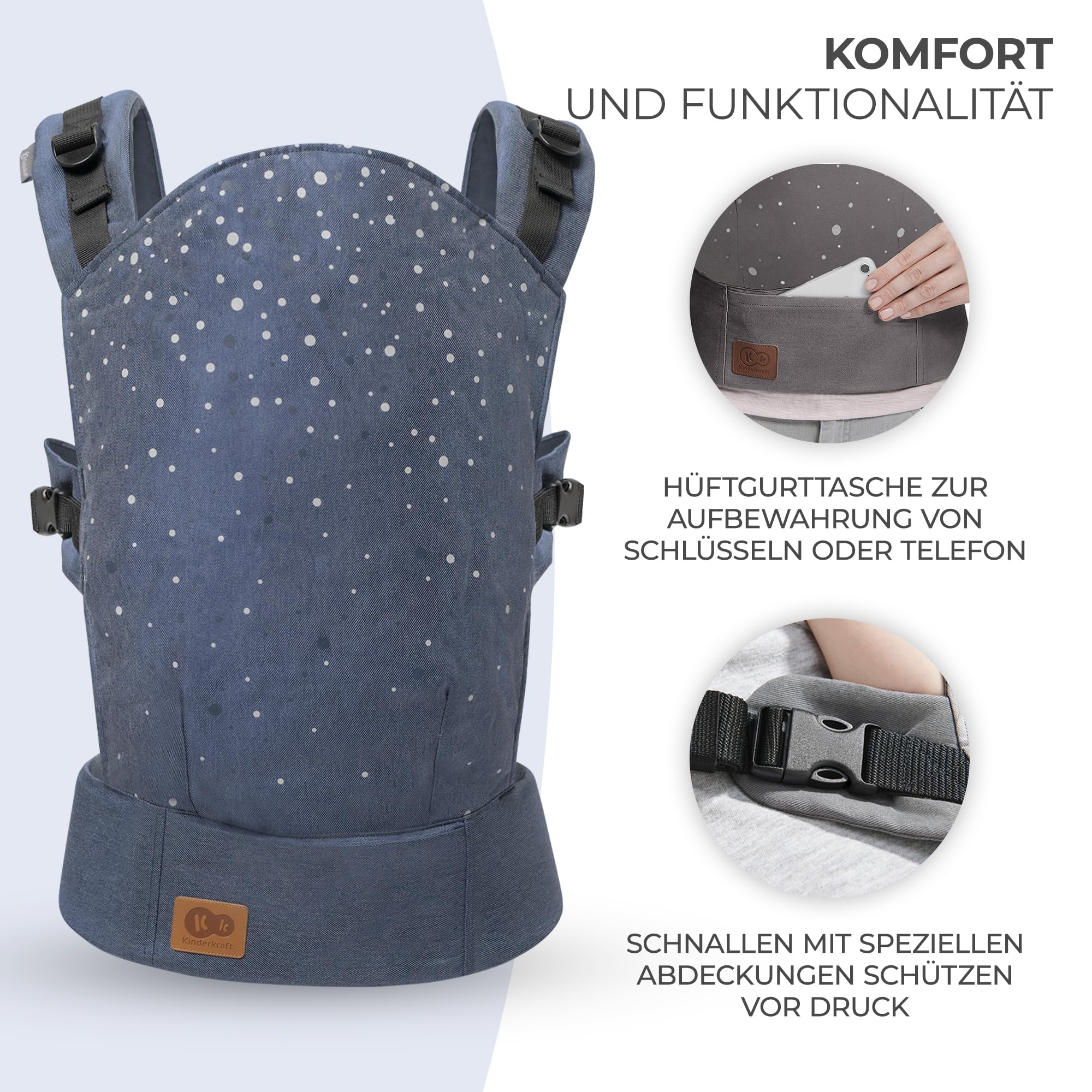 Kinderkraft Babytrage NINO CONFETTI, Rückentrage, Bauchtrage für Säuglinge und Kleinkinder, Baby Carrier, Kindertrage, Ergonomisch, aus Baumwolle, ab 3 Monate bis 20 kg, Blau