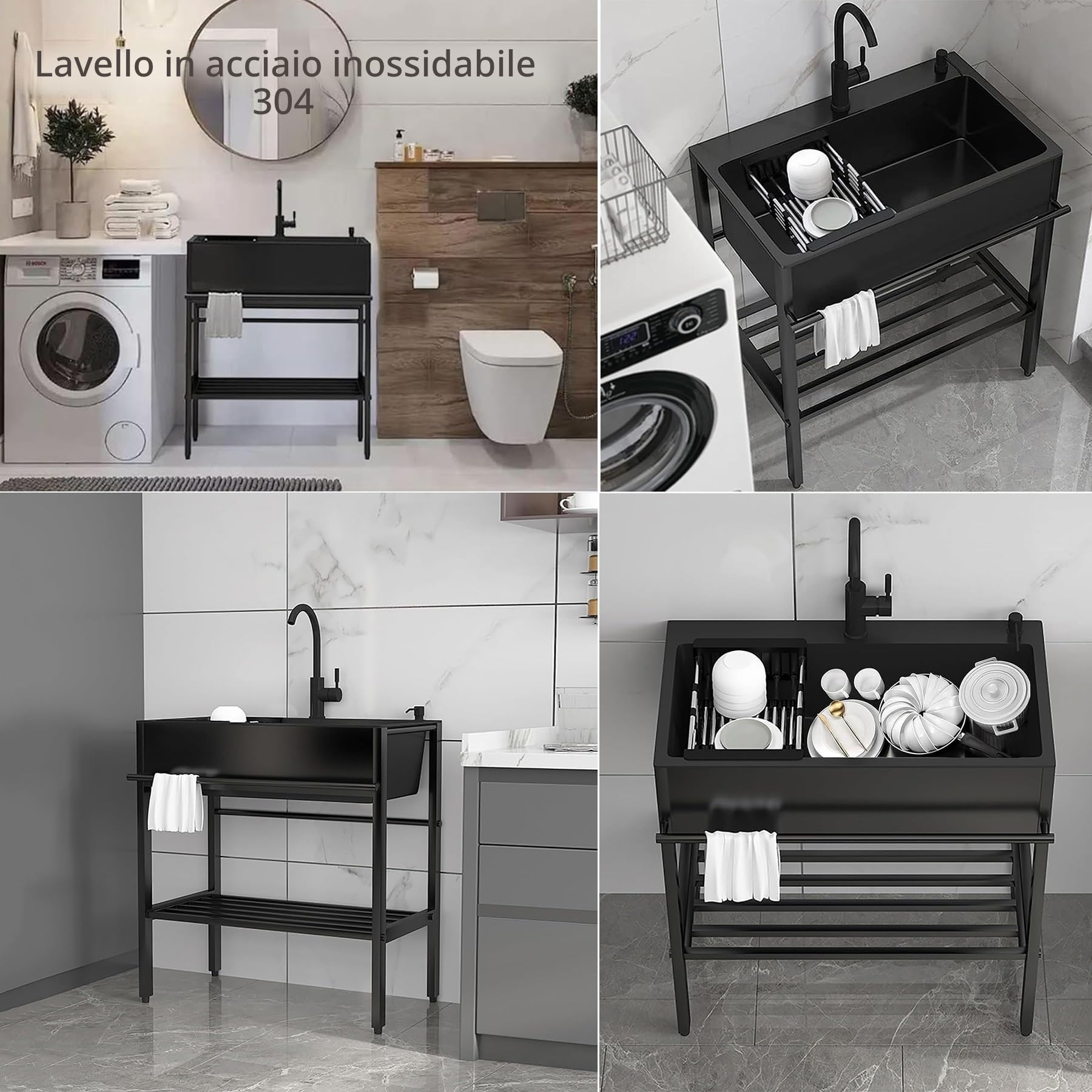 Lavandino in Acciaio Inox Professionale 1 Vasca,60x45x86cm Lavello Nero Multifunzione Cucina,Lavatoio da Esterno Autoportante,Lavabo Commerciale con Rubinetto,per Interno Ristorante Caffè Garage