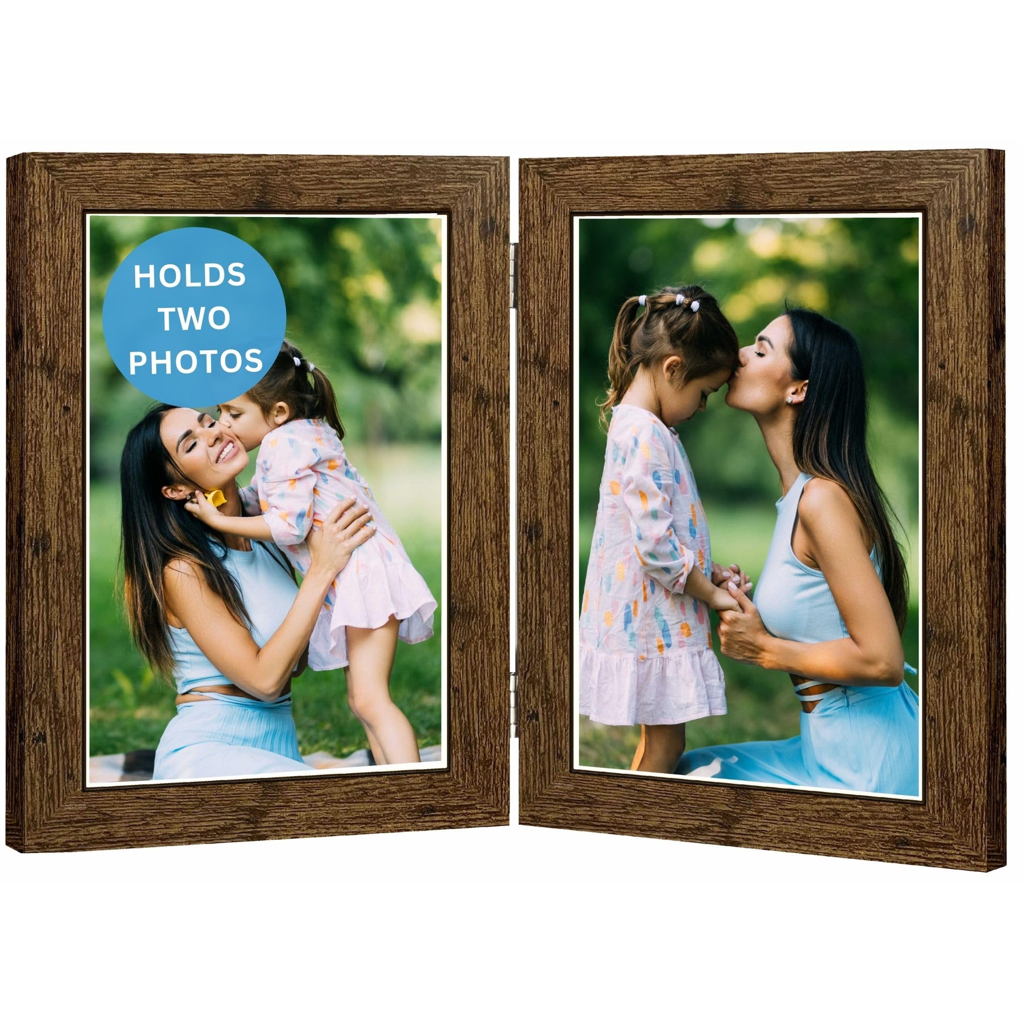 Double Photo Picture Frame 6 x 4, Brown, Holds 2 Photographs, Twin Hinged 6x4 10 x 15 cm Brown Frames 6x4 Photo Frames, 4x6 Photo Collage Gallery Display