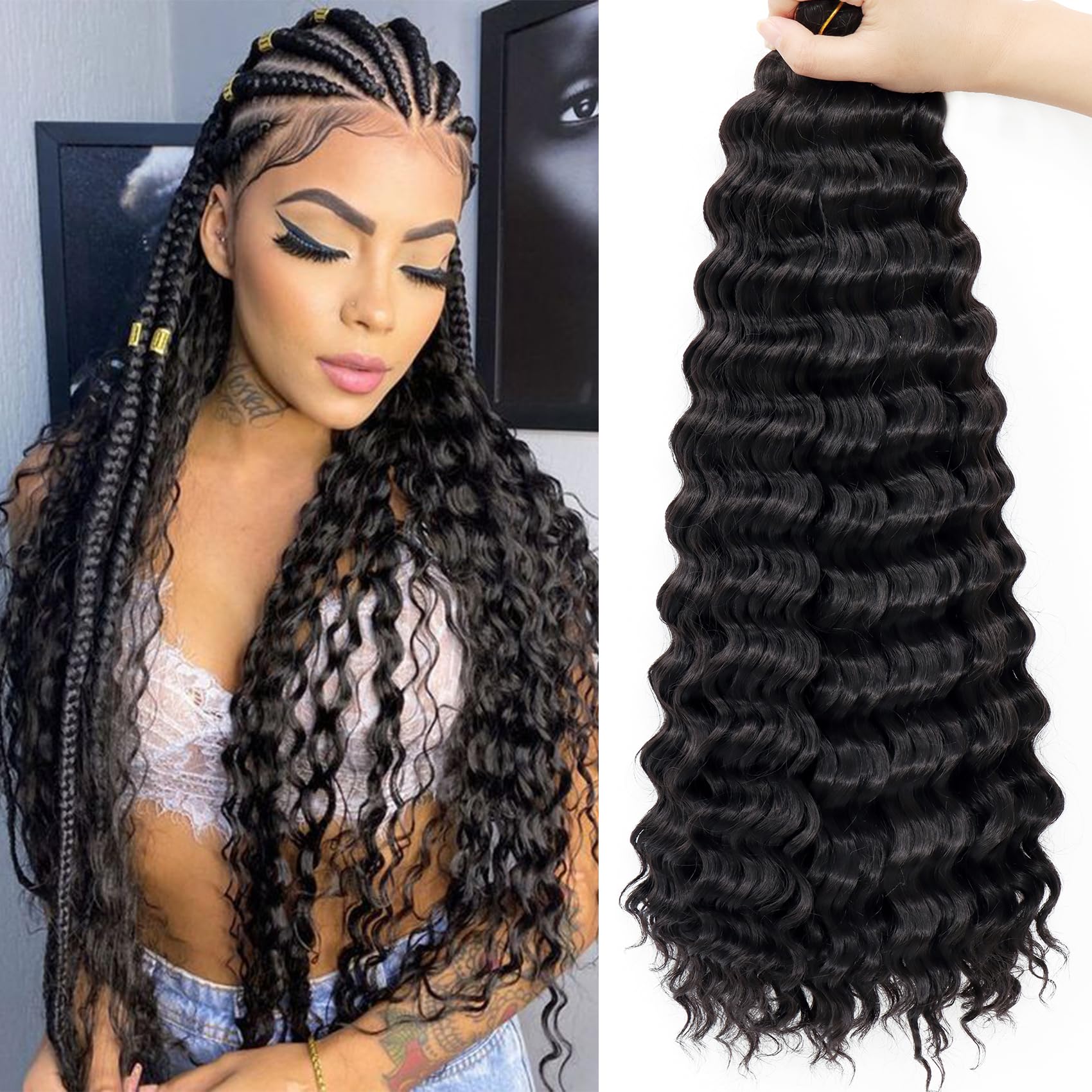 Eerya Ocean Wave Crochet Hair 24 Inch 6 Packs Deep Wave Crochet Hair for Black Women Synthetic Wavy Curly Braiding Hair for Boho Braids (24 inch,1B)
