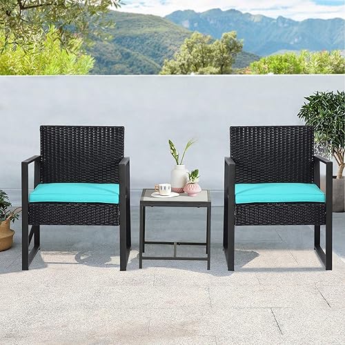 Muebles de exterior, muebles de porche con bastón elástico de polietileno, juego de patio de 3 piezas con mesa de cristal, juego de muebles de