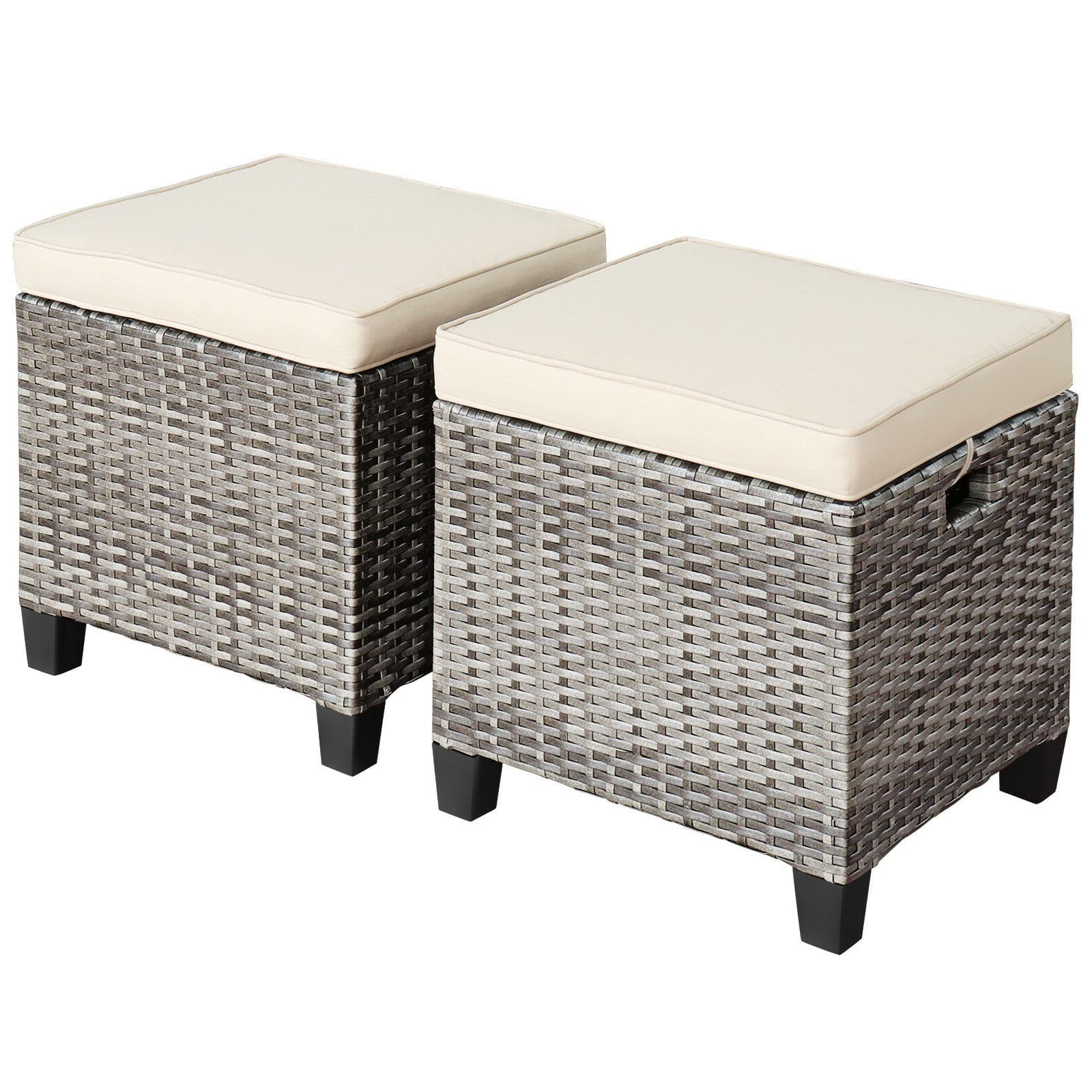 2PCS Outdoor Mixed Grey PE Rattan Ottoman Removable And Soft Seat Beige Cushion Anti-Slip Foot Pads Serves As Footstools Side Table Additional Seats Suitable For Patio Garden Backyard Poolside Use