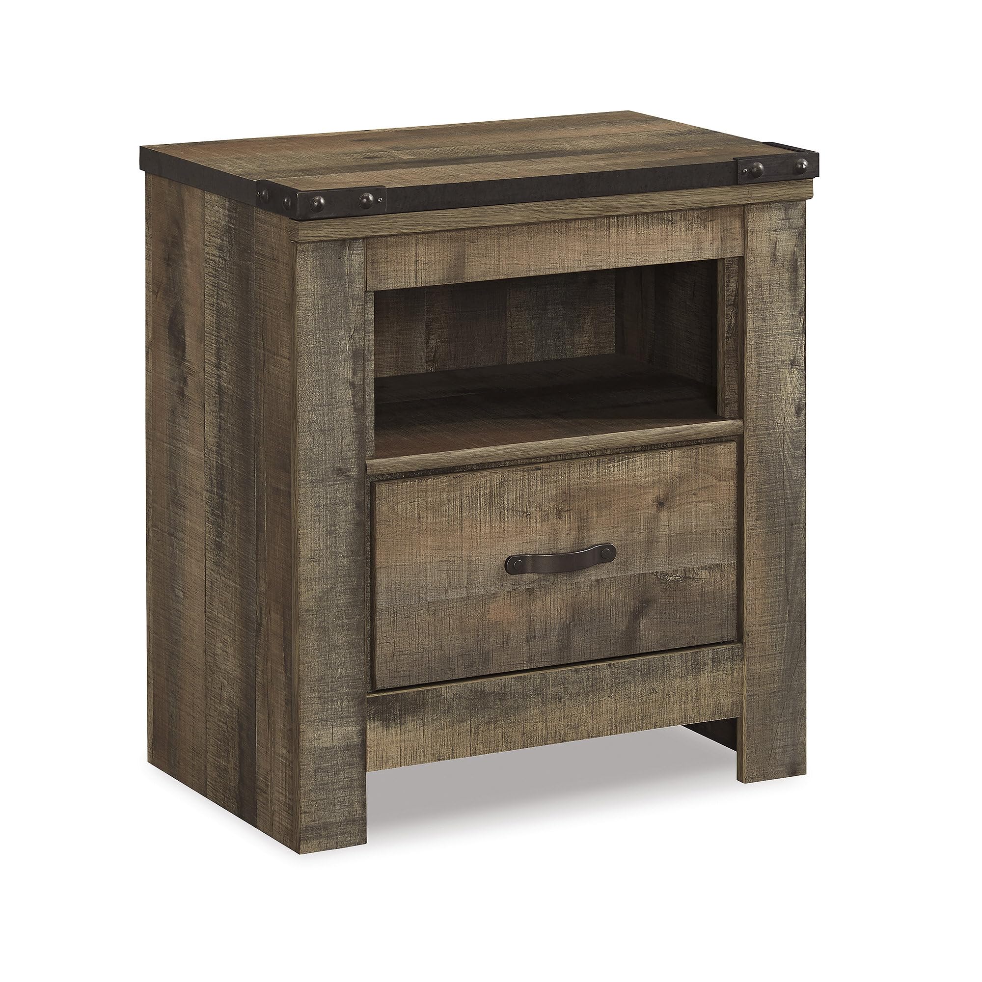 Signature Design by Ashley Trinell Rustic 1 Drawer Nightstand, USB Charing, Storage Cubby, Nailhead Accents, Wood, 24.72" W x 16.18" D x 26.22" H, Warm Brown