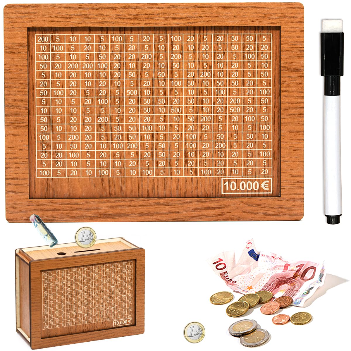 Tirelire En Bois Avec Objectifs D'Épargne - Réutilisable - Défis 500 à 10,000€ - Stickers Et Marqueur Inclus