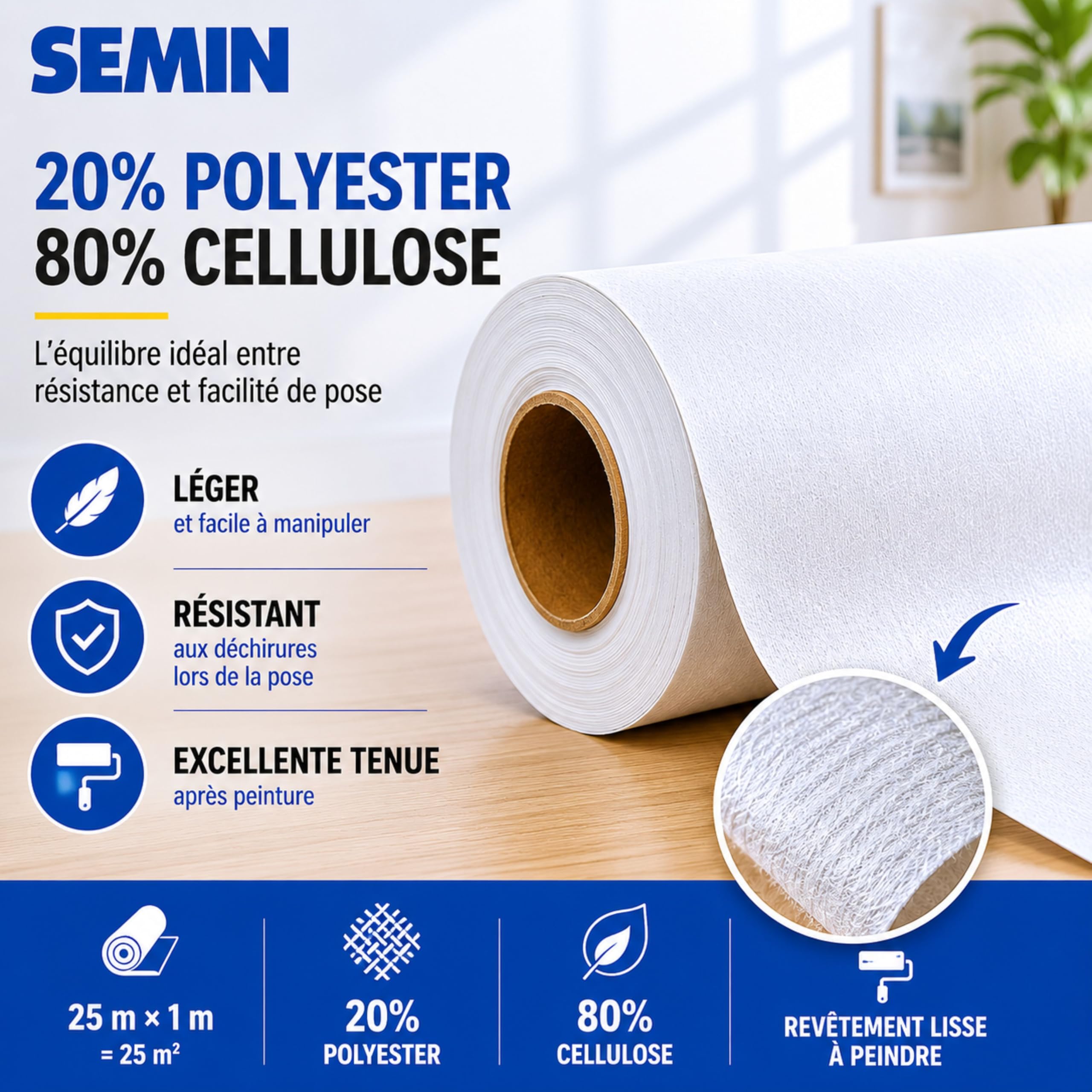 SEMIN Sem-Renov ECO – Revêtement Lisse de Rénovation à Peindre 25 x 1 m – Toile Murale pour Murs et Plafonds – Masque Défauts et Microfissures – Pose Facile – 150 g/m²
