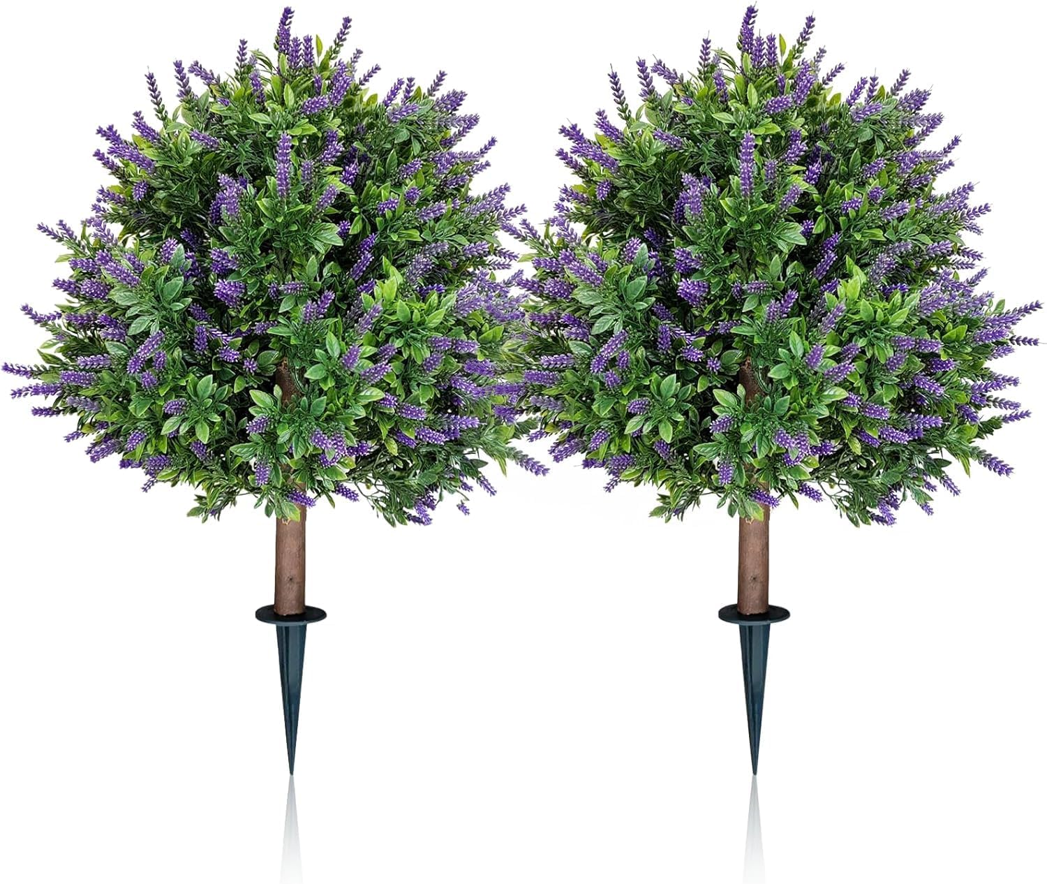 24“ Outdoor Artificial Boxwood Topiary Balls with Lavender (Set of 2) - UV Resistant Faux Greenery with Ground Spike for Porch, Patio, Garden & Indoor Decor