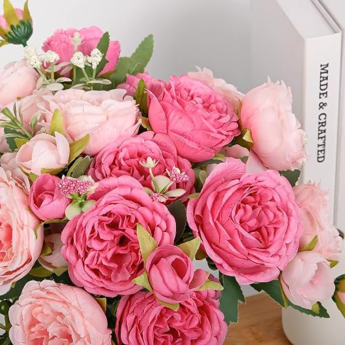 Miniatura 6 de Flores artificiales de seda, ramo de peonías sintéticas rosas, 4 paquetes de arreglos florales para decoración de casa de campo, hogar, mesa de