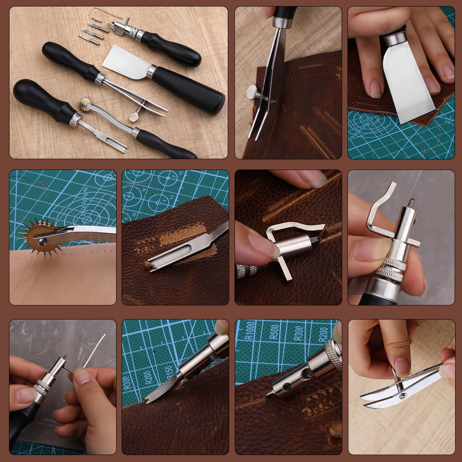 Benlay Herramientas de trabajo de cuero, herramientas de artesanía y accesorios, kit de herramientas de trabajo de cuero con bolsa enrollable y manual