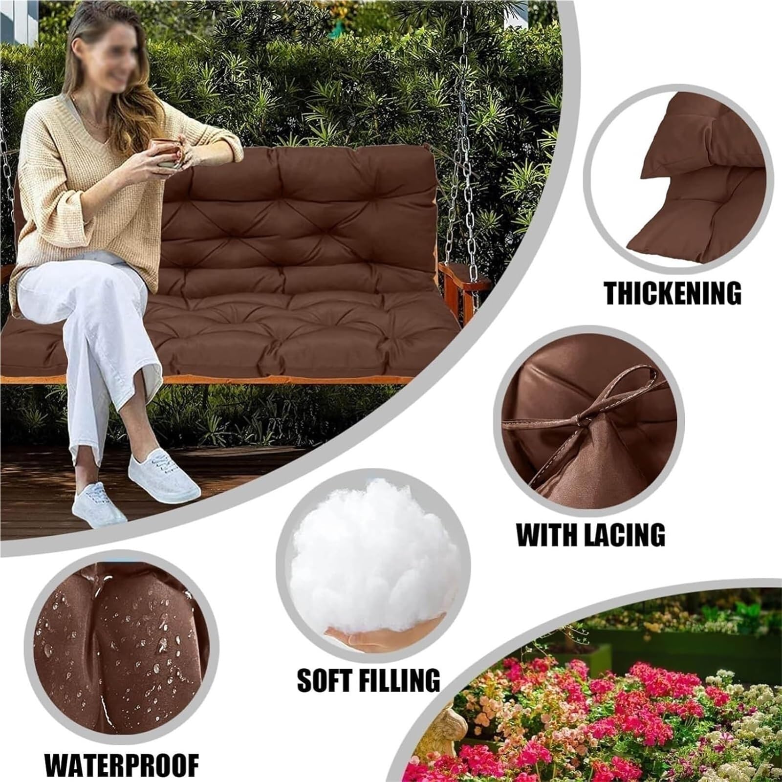 Cojín de banco impermeable para interior y exterior, almohadilla de repuesto para columpio de 23 plazas con respaldo y lazos, accesorio para muebles de jardín