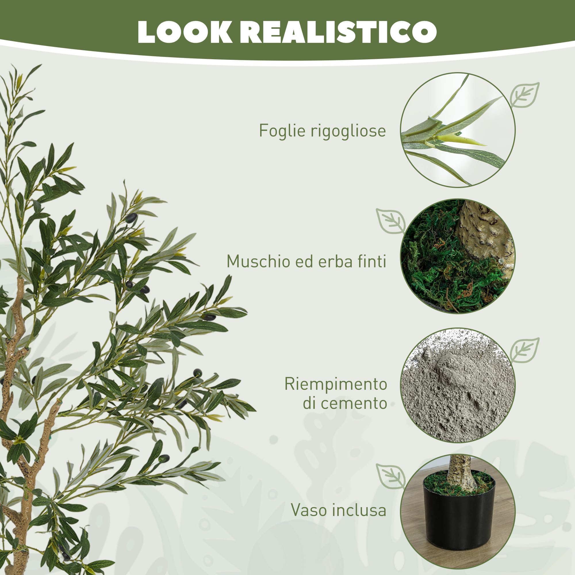 HOMCOM Olivo Artificial 150 cm Planta Artificial Decorativa Grande Árbol Artificial de Interior con 32 Aceitunas Decoración para Hogar Oficina Balcón Dormitorio Verde