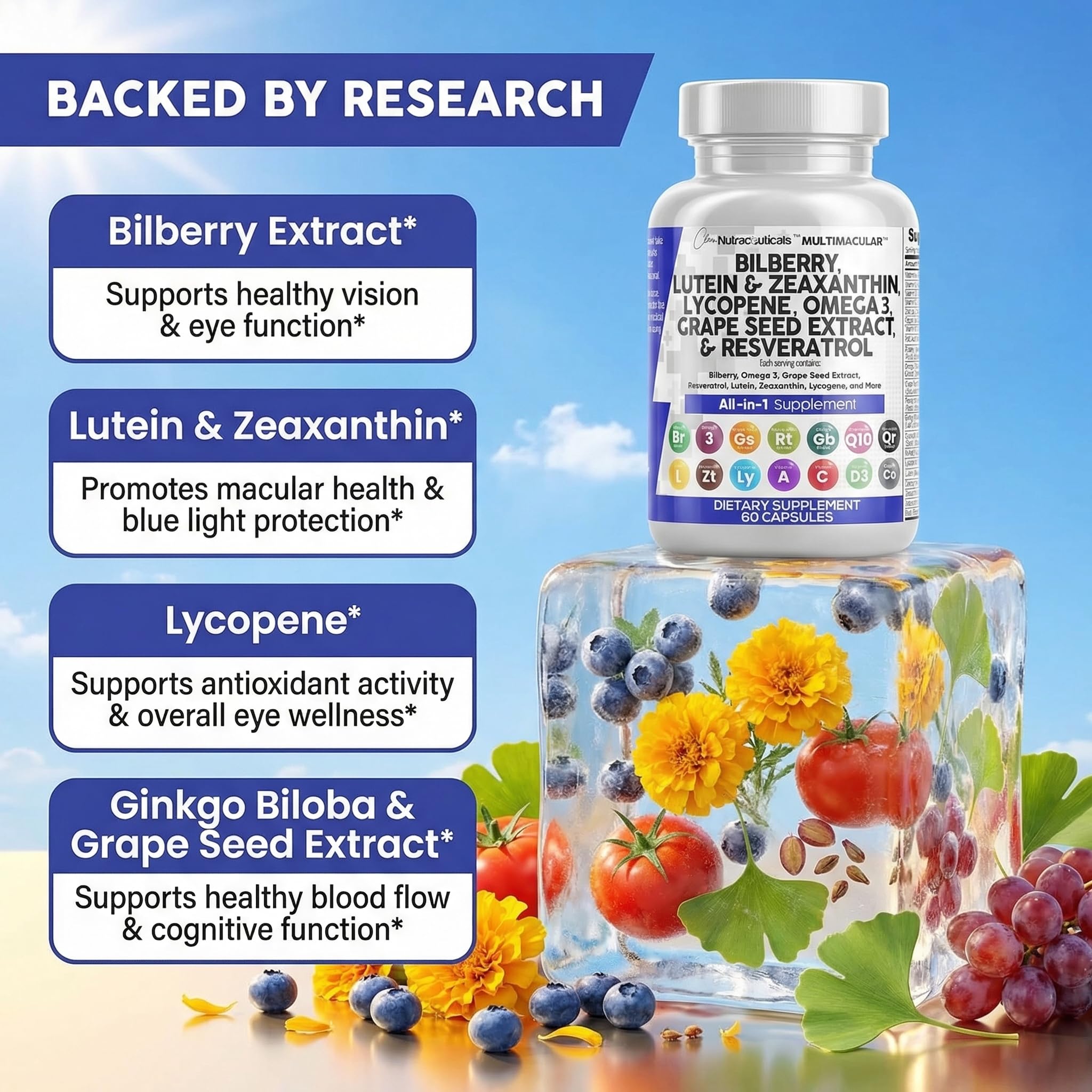 Clean Nutra Eye Vitamins with Bilberry Lutein and Zeaxanthin Supplements Lycopene 40mg Resveratrol Grape Seed Astaxanthin for Eyes - Eye Care Health Support Eye Vitamin and Mineral Supplement — Amazon image 3