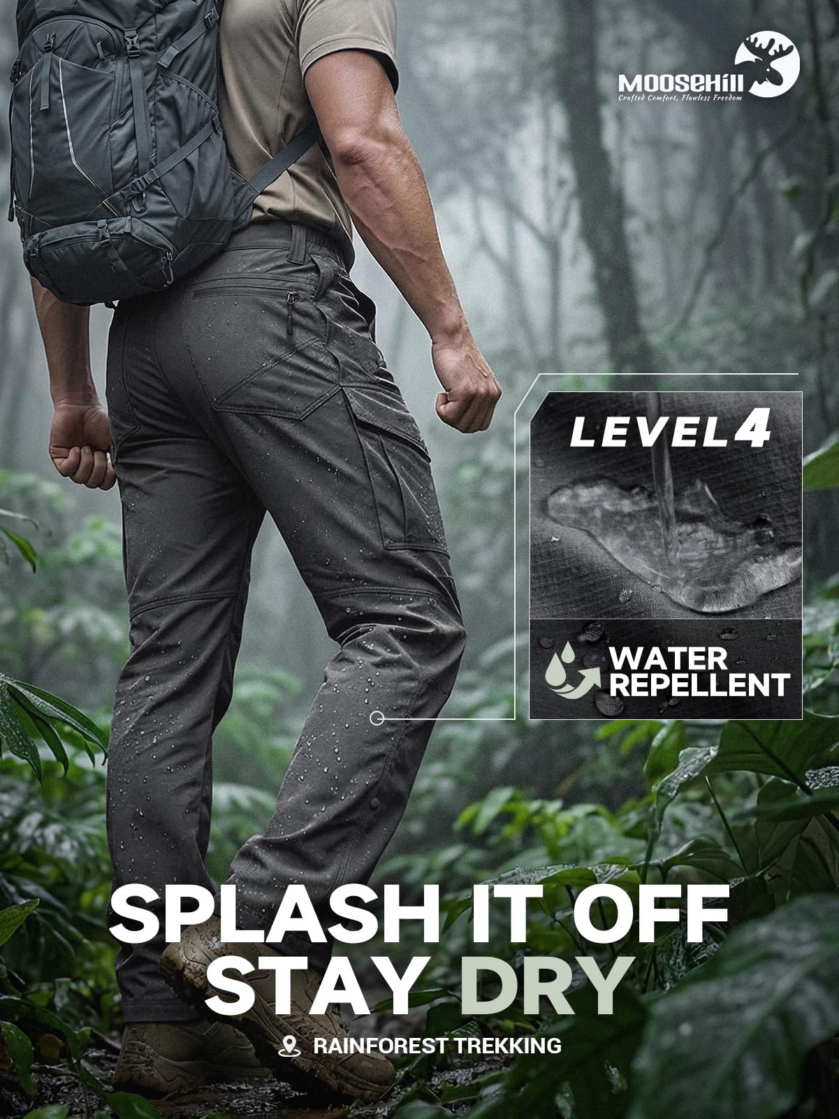 Moosehill Hiking Pants Men Breathable: Mesh Vents Lightweight Quick Dry Water Resistant Stretch 6 Pockets for Outdoor Hikers — view 6