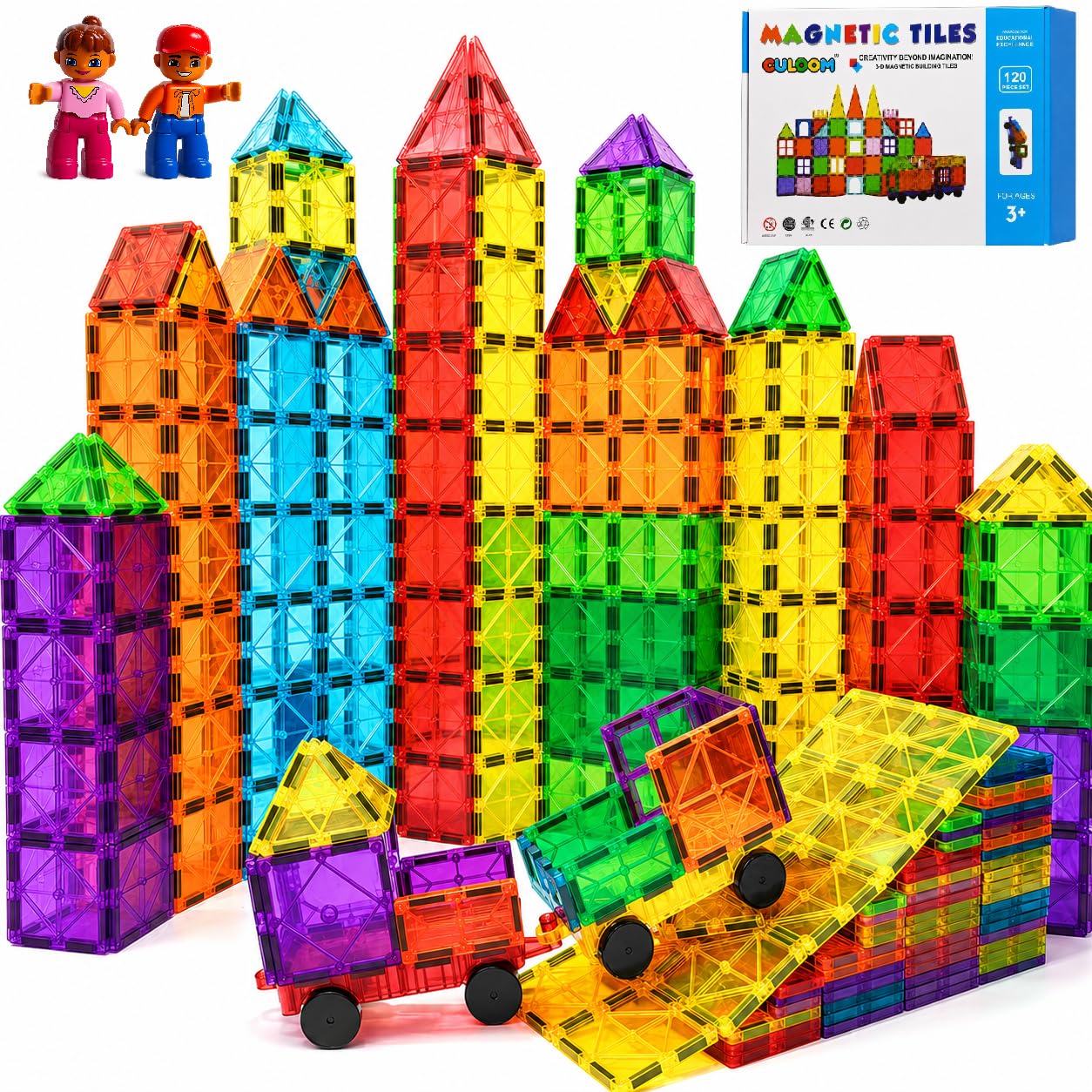 CULOOM 120PCS Magnetic Tiles Building Blocks for Kids with 2 Cars,2 Figures