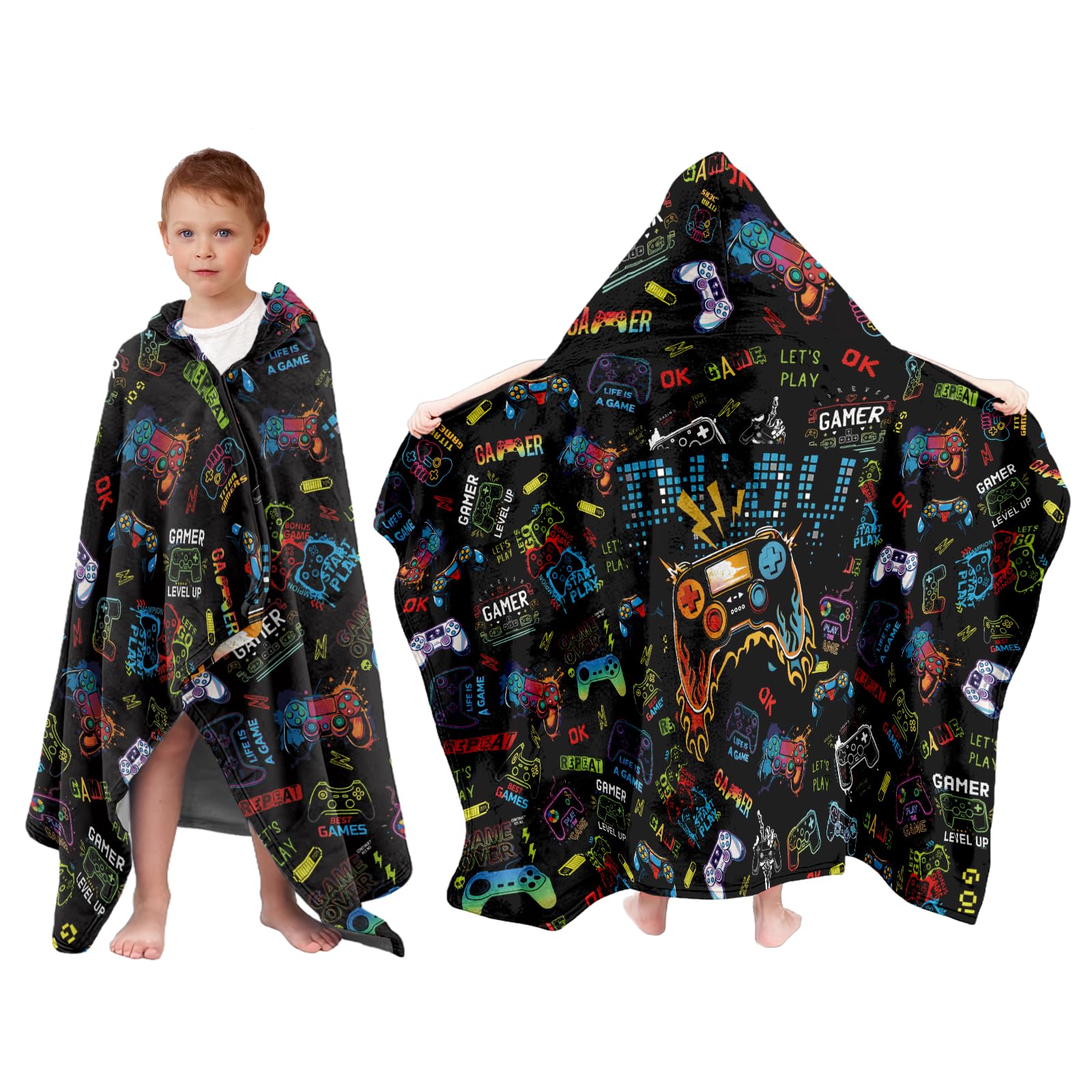 Video Gamer Bath Towel for Kids, Kids Hooded Bath Towel 30"x50", Game Controller Beach Towels for Boys, Super Absorbent Toddler Towels with Hood