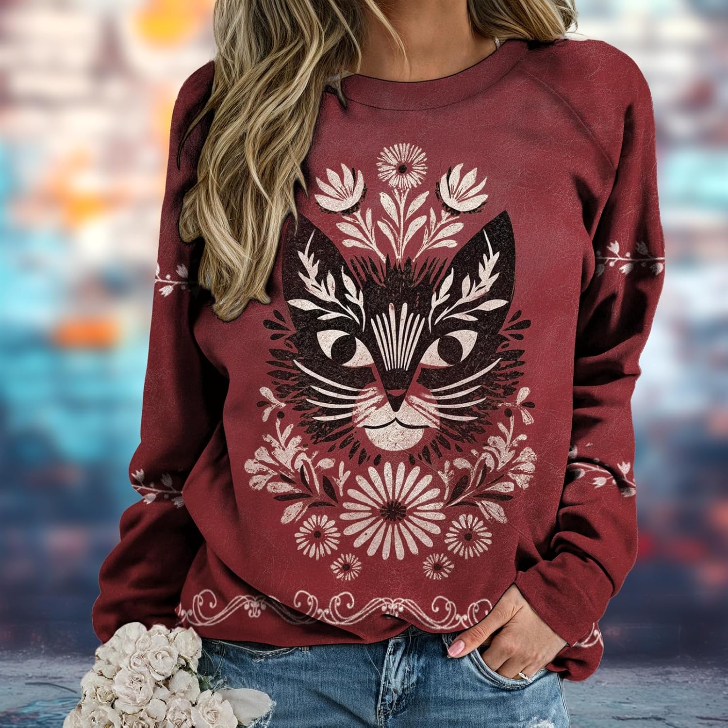 Womens Tops Vintage Soft Casual Boho Tribal Print Crewneck Long Sleeve Oversized Fall Vacation Daily Outfits - Image 2