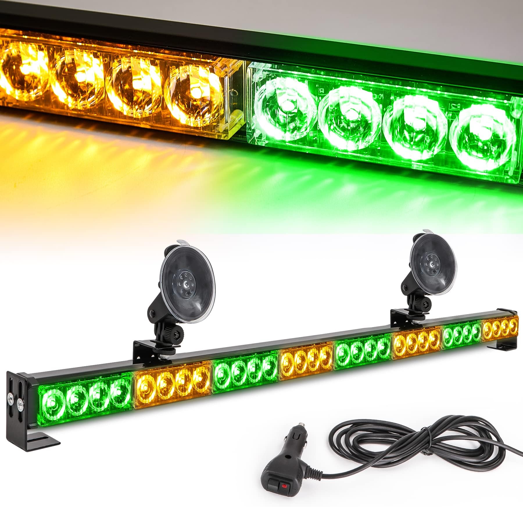 Amber/Green Emergency Strobe Light Bar 36 In 13 Flash Patterns Traffic Advisor Warning Hazard Windshield Safety Lights Bar with Cigar Lighter for Vehicles, Truck (35.5 Inch, Yellow/Green 32 Led)