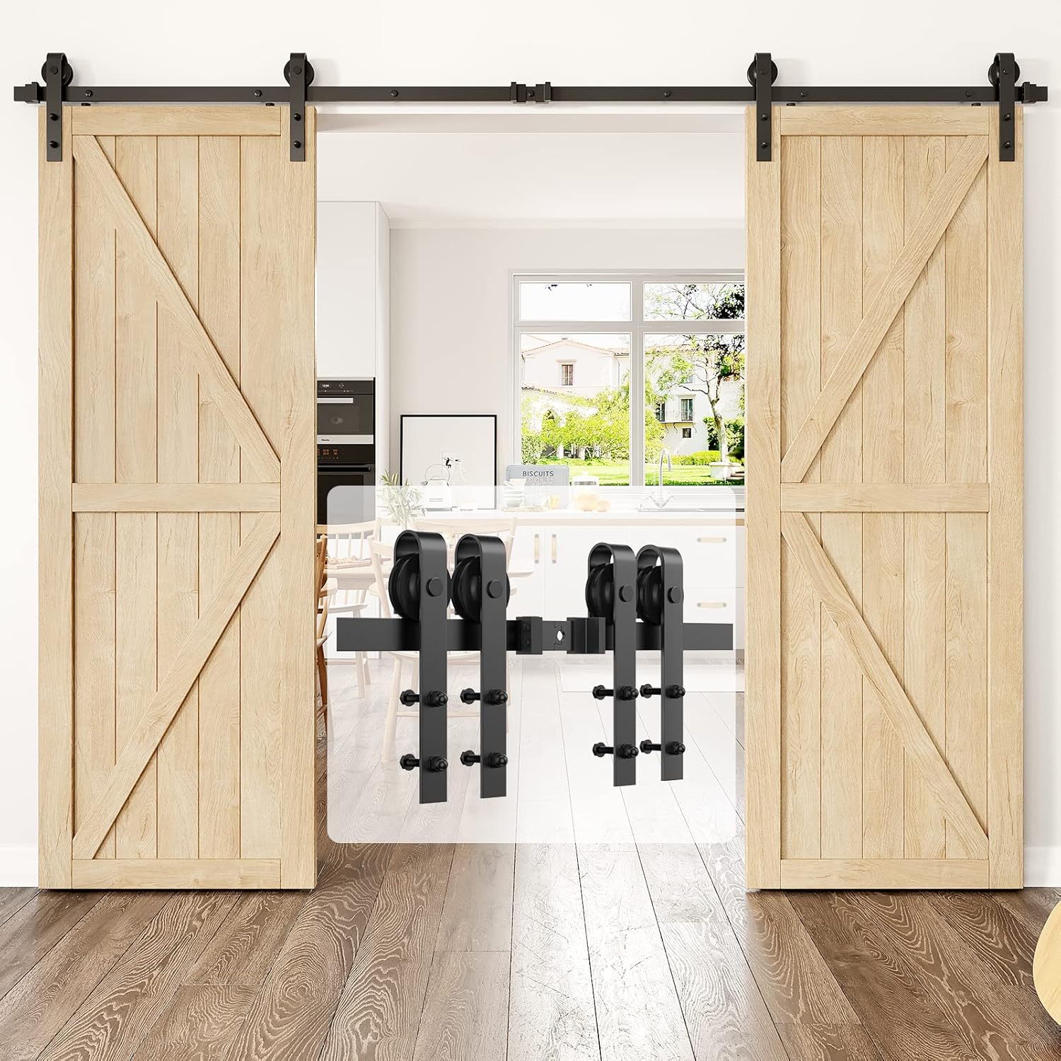 Sliding barn door hardware kit, double door, 1.375–1.75 in thick
