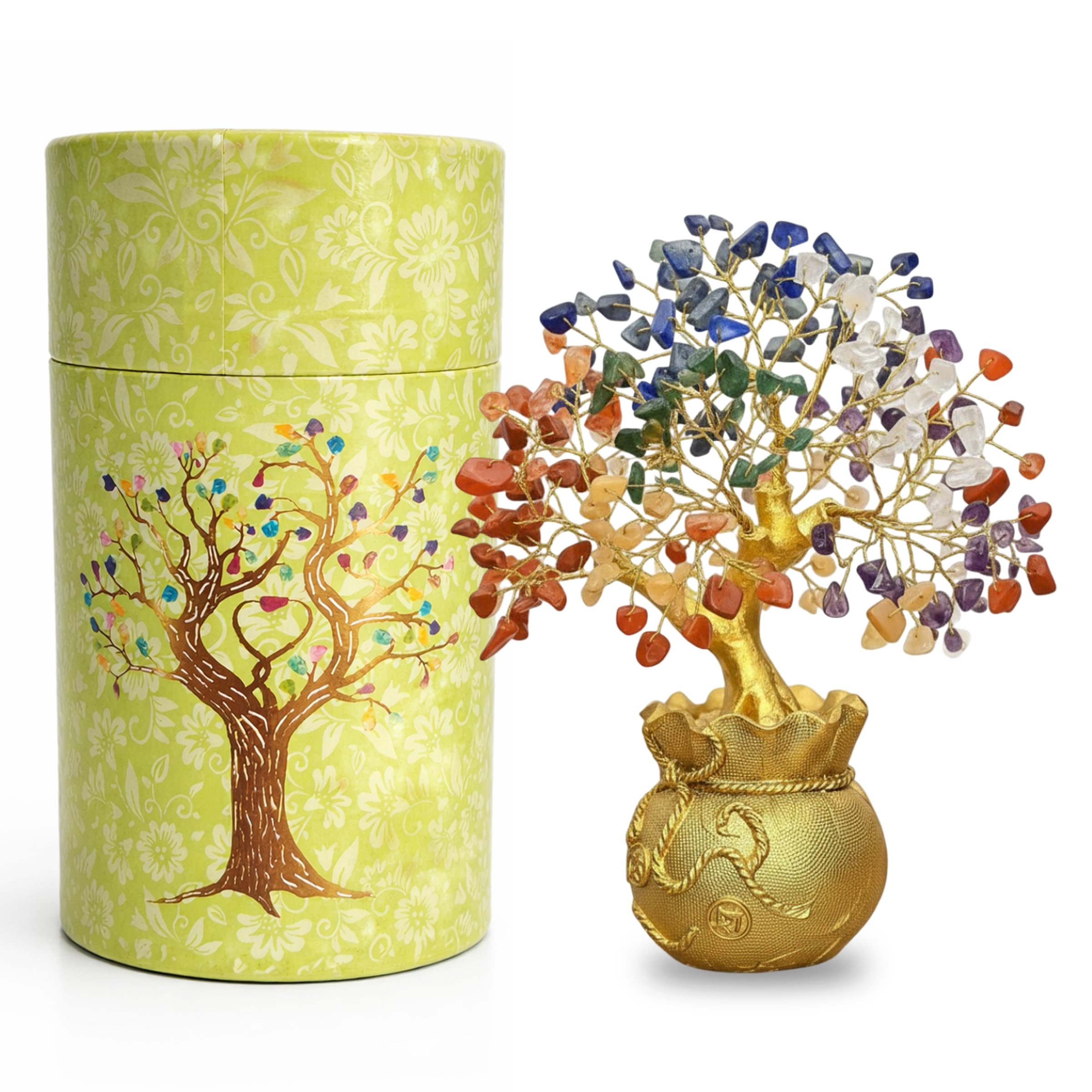 JD FRESH Feng Shui 7 Chakra Crystal Tree with Golden Money Bag Base/Natural Gemstone Decorative Showpiece Bonsai Tree for Home & Office Décor, Good Luck Diwali Gift, Wealth & Prosperity-image-15