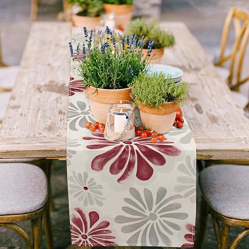 Miniatura 2 de AnyDesign Camino de mesa floral acuarela con flores rojas y grises, decoración de mesa de comedor de cocina, cubierta rústica para interiores y