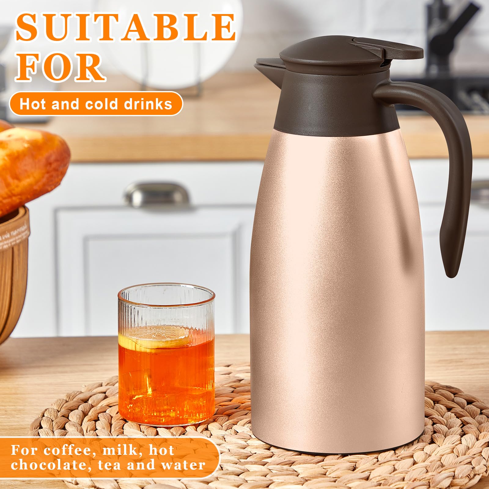 Norme Thermo-Kaffeekaraffe, isolierte Edelstahl-Kaffeekaraffe für heiße Flüssigkeiten, Vakuum, Thermo-Topf, Sahnekänner, Karaffe Spender mit Bürsten, hält Heißwasser Milch (Roségold, 1,9 l), 2 Stück