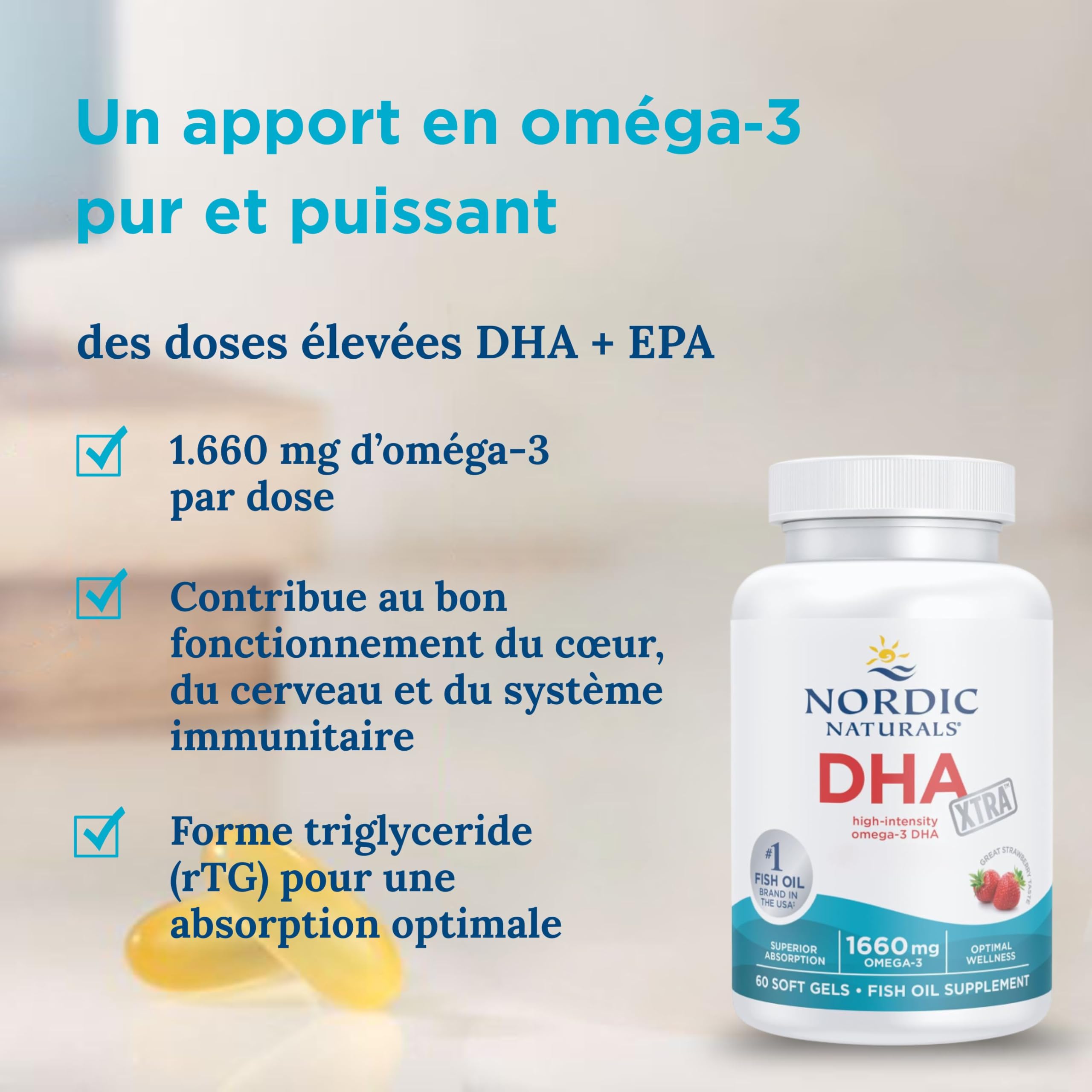Nordic Naturals DHA Xtra 1.660 mg, capsules Omega 3 à haute concentration, huile de poisson avec EPA et DHA, saveur fraise, 60 capsules molles, sans soja, sans gluten