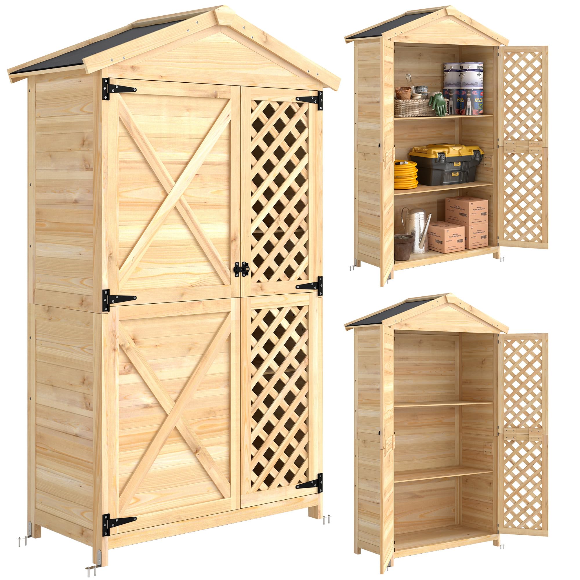Outsunny Armadio da Giardino in Legno di Abete con Ante Ventilate e Kit Antiribaltamento, Casetta Porta Attrezzi da Esterno con Ripiani Rimovibili e Tetto Inclinato in Asfalto, Colore Legno