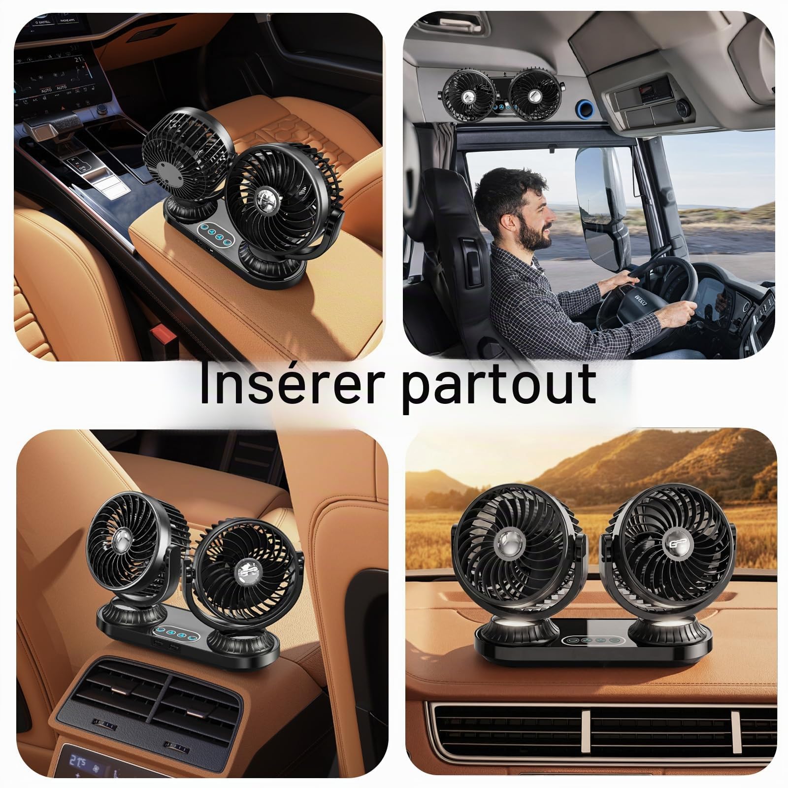 Ventilateur de voiture 12 V 24 V - Double tête - Silencieux - Avec 2 ports USB - 3 vitesses - Oscillation à 270° et rotatif à 360° - Pour voiture, camion, SUV, camping-car