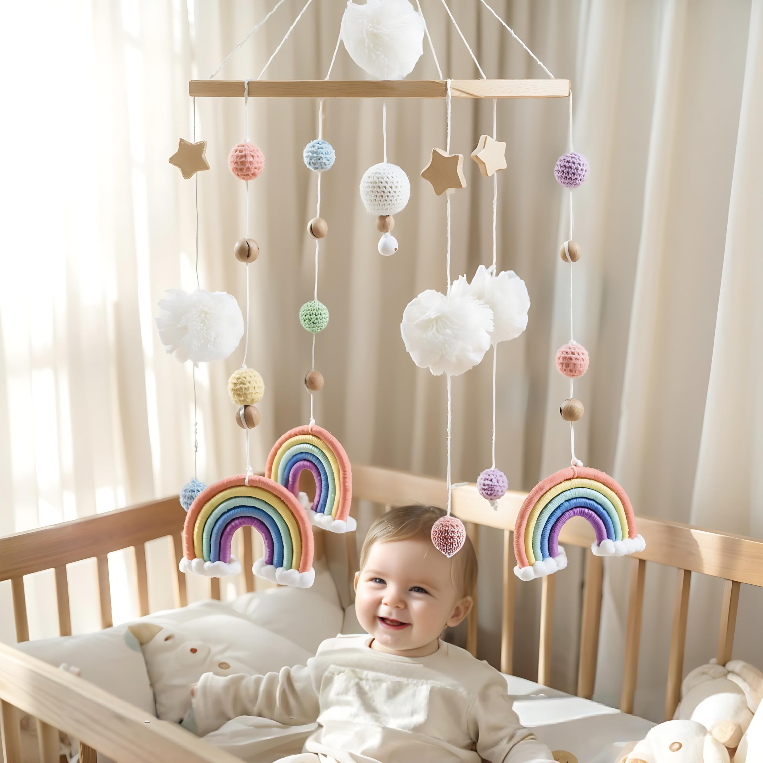 Baby Mobile para cuna, arco iris, estrella, móviles de cuna de pompones,cuna móvil para bebé,carillón de viento para bebé móvil de madera, regalo para bebés o niños