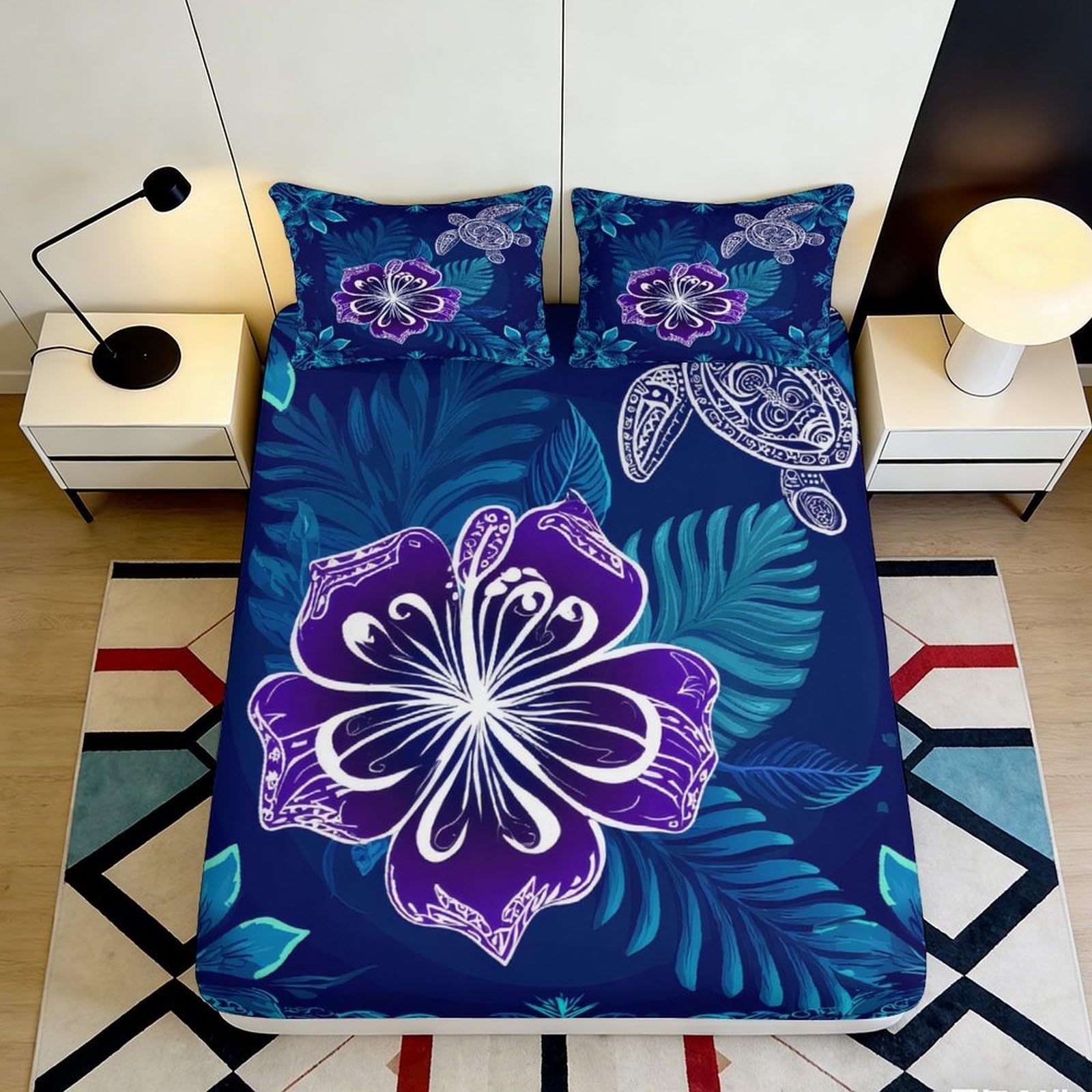 3D Printed Hibiscus Turtle Fitted Sheet Microfiber Non-Slip Mattress Cover Machine Washable Bedroom Decor 90x200x25cm