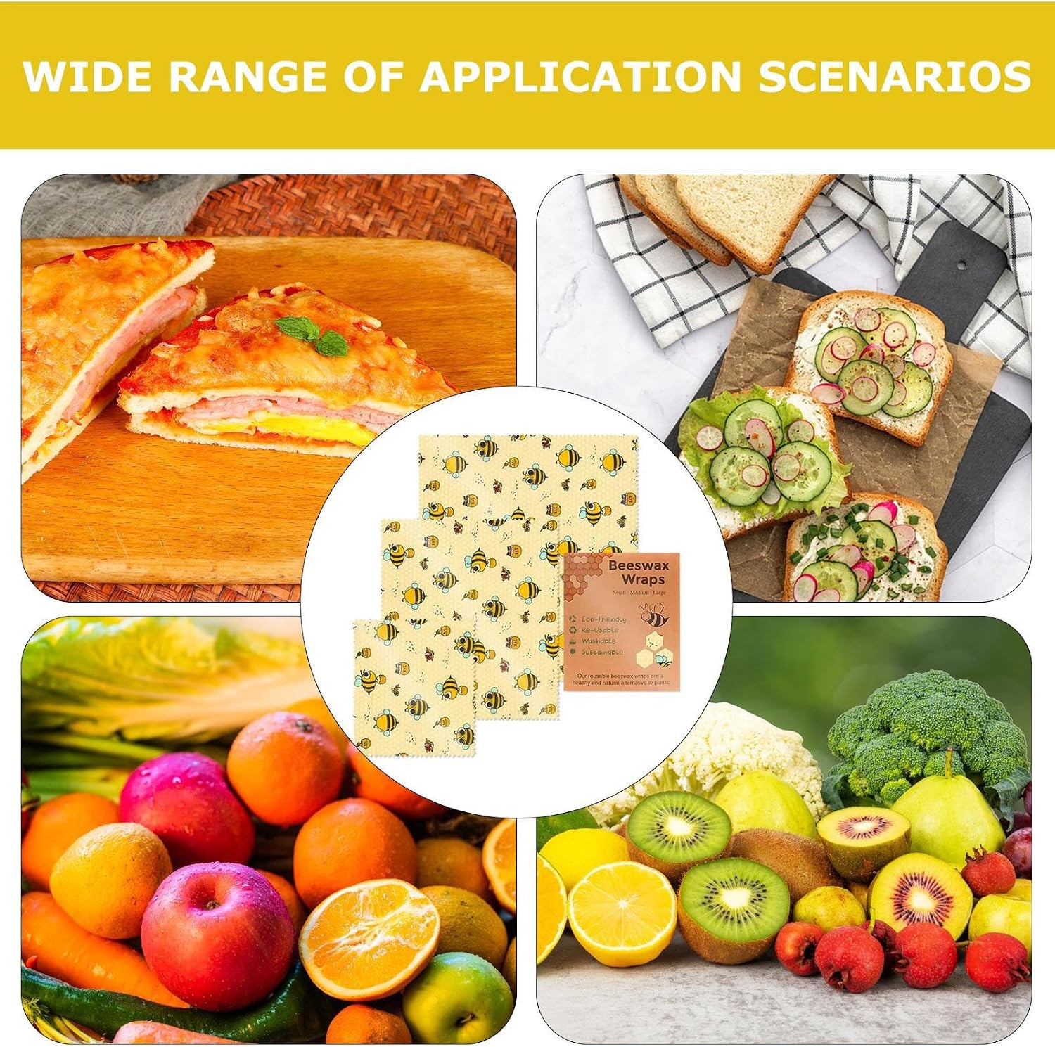 Food Beeswax Wraps - 3pcs Eco-Friendly Sustainable Wrapper, Multipurpose Kitchen Storage, Reusable Natural Bees Wax Sheets | Multifunctional Bread Sandwich Wrap for Vegetables Fruits Cheese image 5