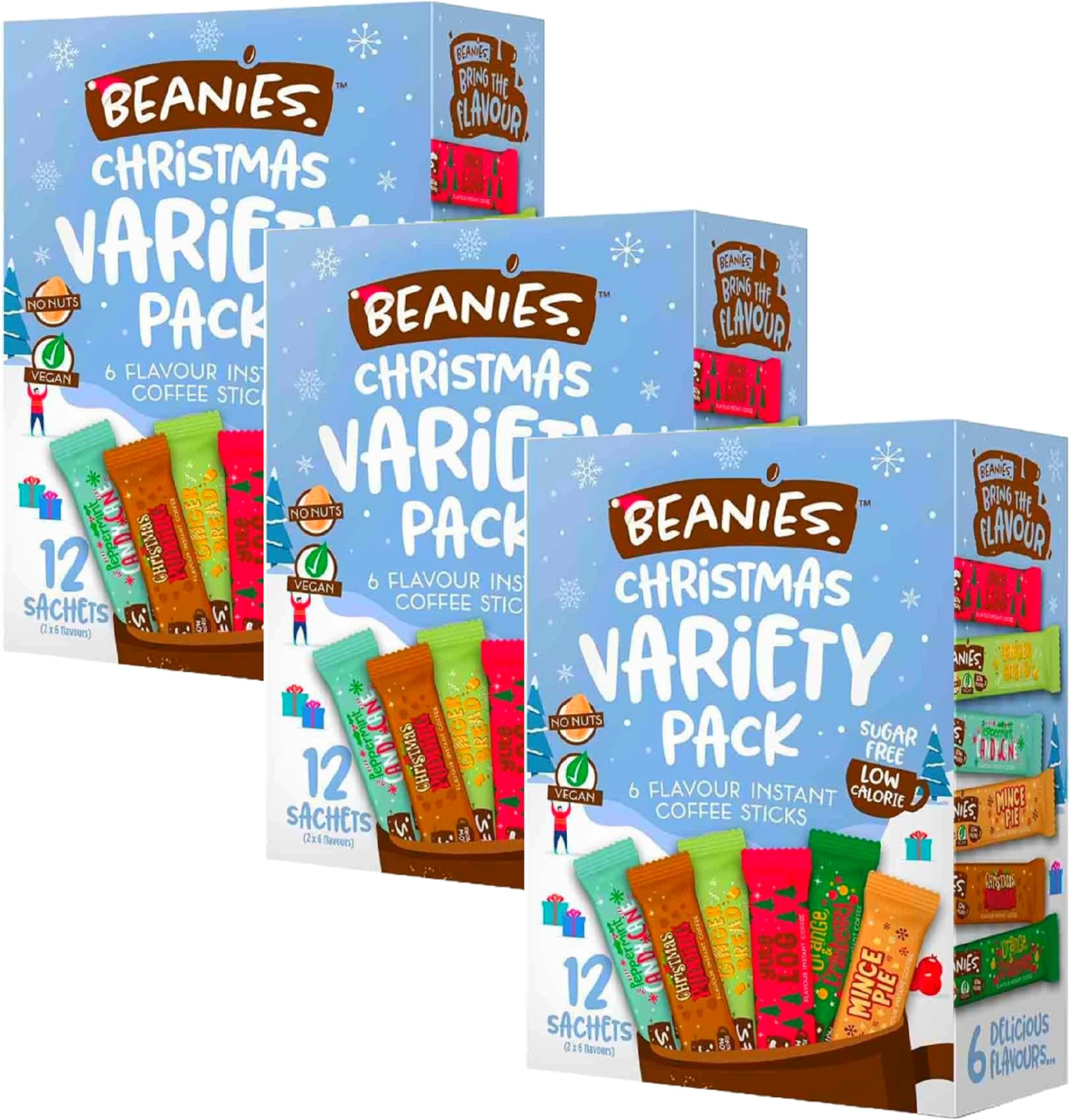 Beanies Christmas Coffee Gift Box - Pack of 3 x 12 Christmas 6 Festive Flavours Instant Coffee Sticks Selection Bulk Buy (Total 36 Sachets) Great for Christmas Hampers, Stocking Fillers, Vegan Gifts