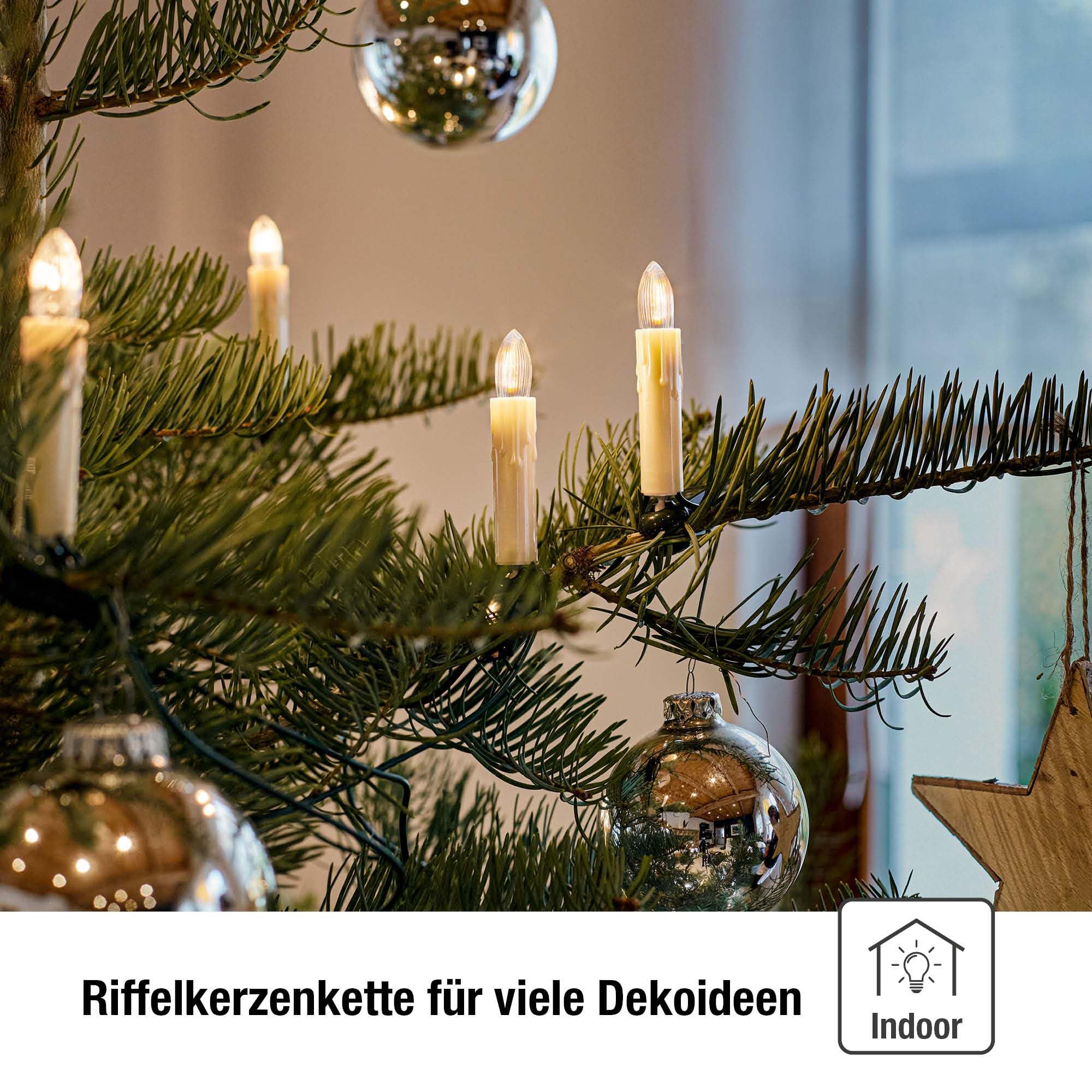 hellum Lichterkette LED-Filament mit Wachstropfen, Made in Germany, Riffelkerzen mit Clip, 20 Lichter, beleuchtete Länge 13,3 m, warmweiß, Schaft perlmutt, für Innen, teilbarer Stecker <59lm 814095