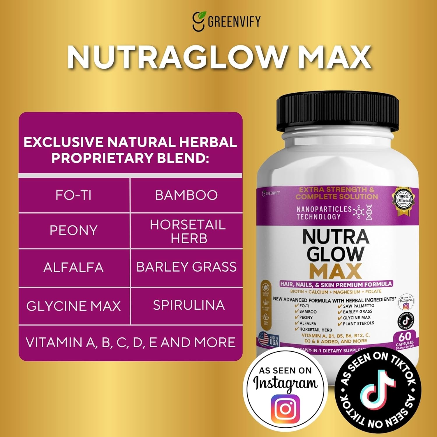 Nutra Glow Max Hair, Nails & Skin Formula, Biotin, Folate, Magnesium, 60 Capsules (5)
