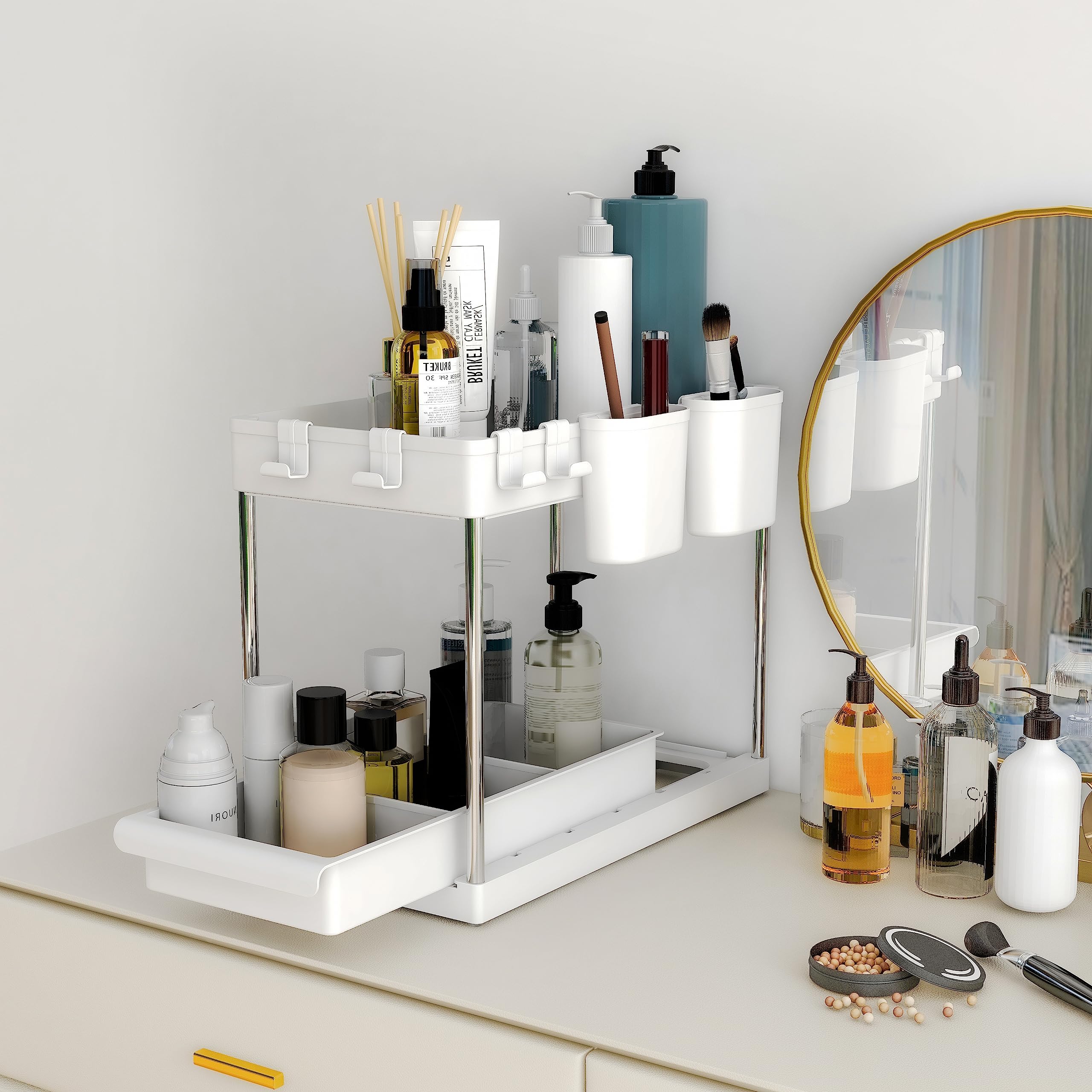 Mondeer Portaoggetti Sotto il Lavello Meerveil, Multifunzionale, a 2 Livelli, con 4 Ganci e 2 Tazze per Appendere, Per Ufficio, Cucina,Bagno, L22 x P40.7 x H32.5cm, Bianco