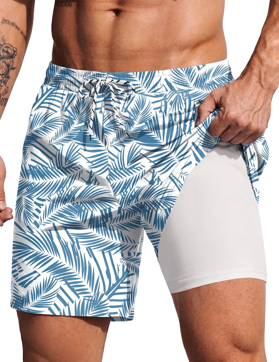 COOFANDY 2 in 1 Mens Swim Trunks 7 Inch Quick Dry Board Shorts Beach Swim Shorts Bathing Suit with Compression Liner
