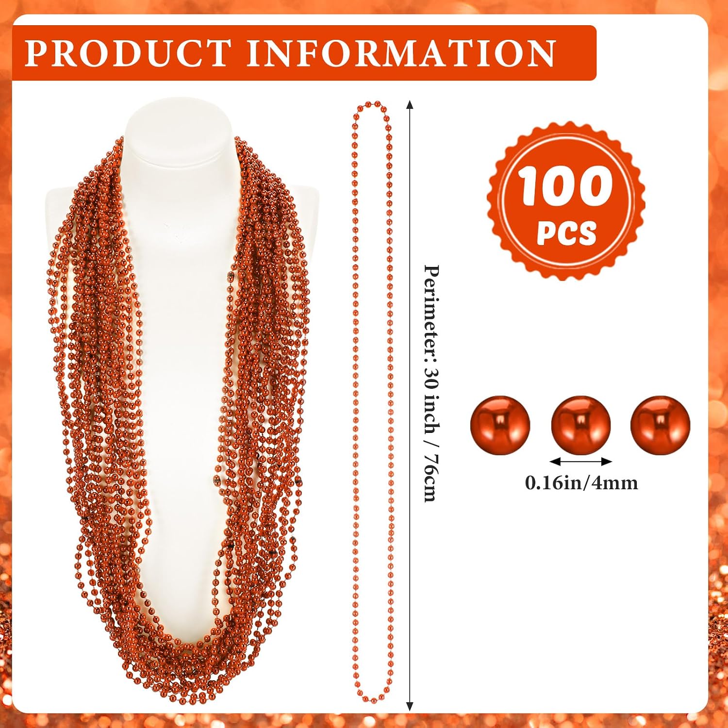 Tigeen 100 Pcs Mardi Gras Beads Necklaces Bulk 30'' Metallic Beaded Necklace for Mardi Gras St Patricks Day Wedding Graduation Birthday Party Favors Parade Spirit Wear(Orange)