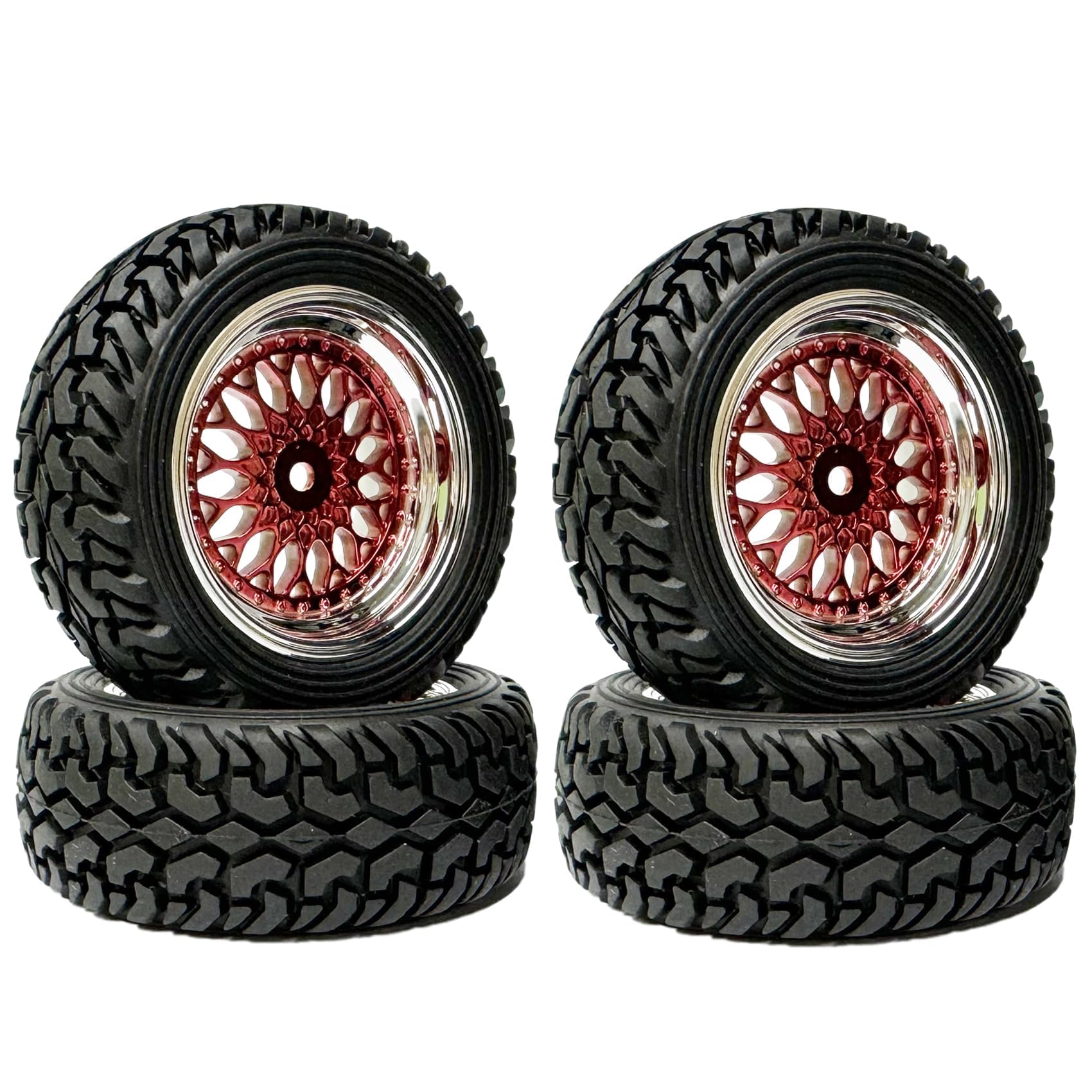 KINGCOO 4PCS 75mm RC Rally Rubber Tyre 1.9 inch Plating Plastic Wheel Rims Tires 12mm Hex for 1/14 1/16 1/10 RC On Road Racing Car for Kyosho HSP HPI SCX10 TRX4 Tamiya (Red Silver, Offset:3mm) โ image 1